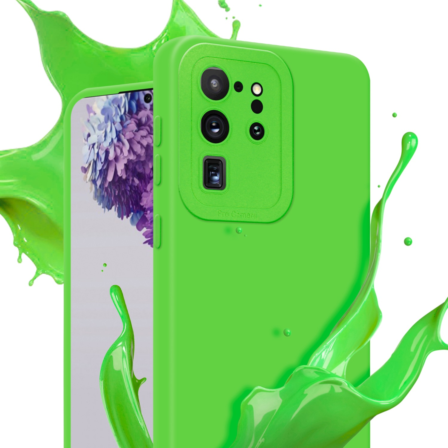 Custodia verde su un telefono. Effetto spruzzo di vernice verde. Sfondo bianco.