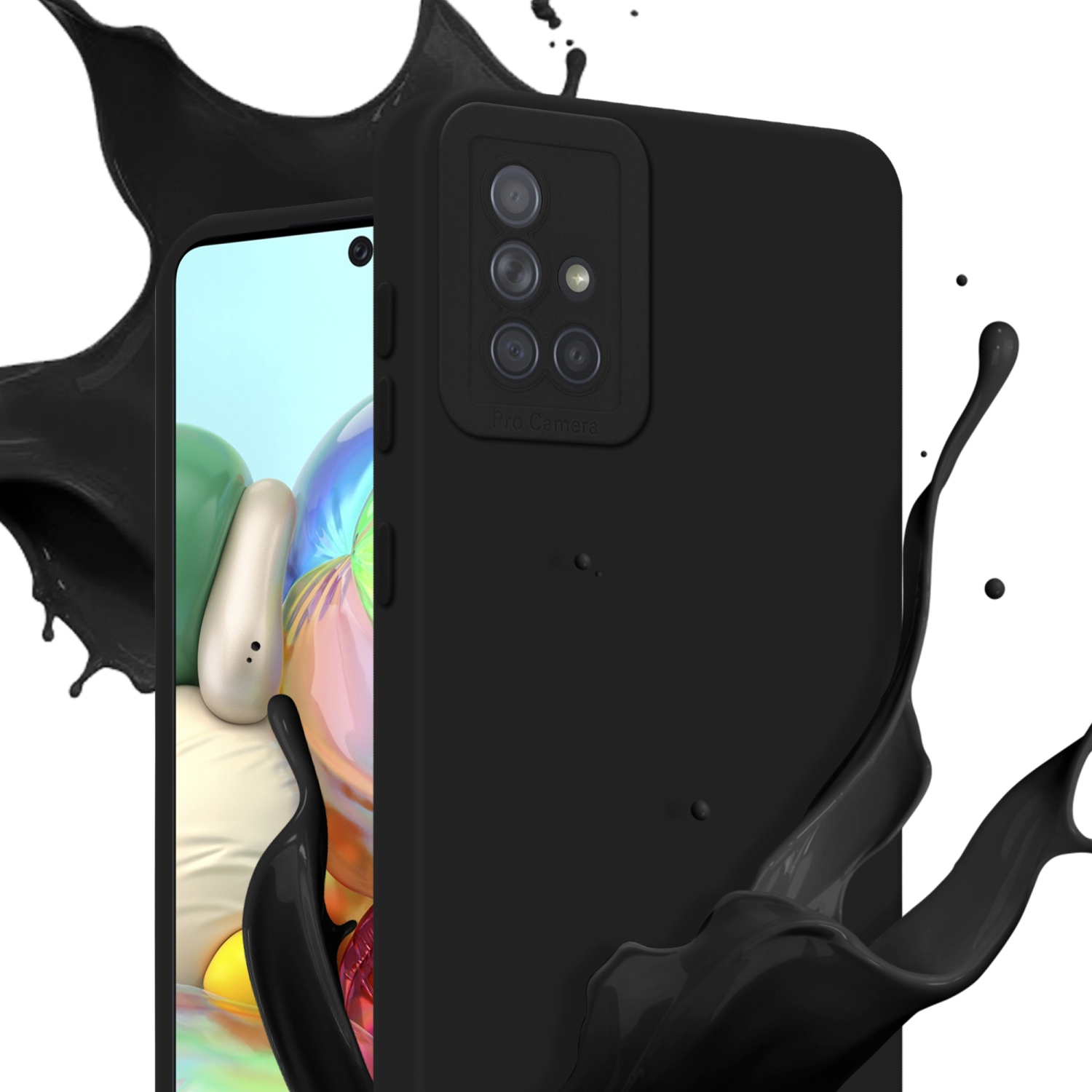 Custodia nera per telefono con effetto splash. Il telefono ha uno schermo a sinistra. Lo sfondo è bianco.