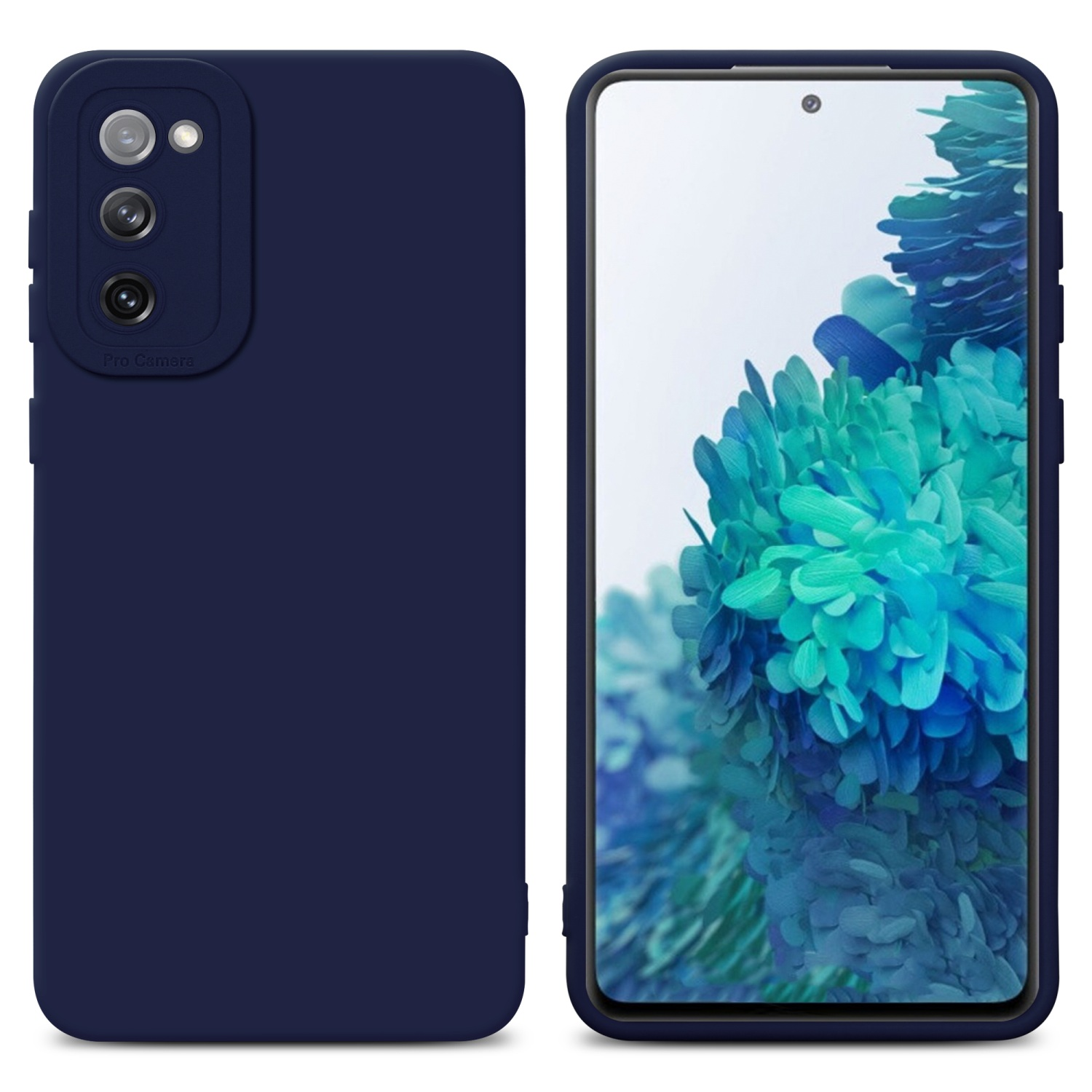 Custodia blu navy con telefono a destra. Il telefono mostra uno sfondo floreale blu.