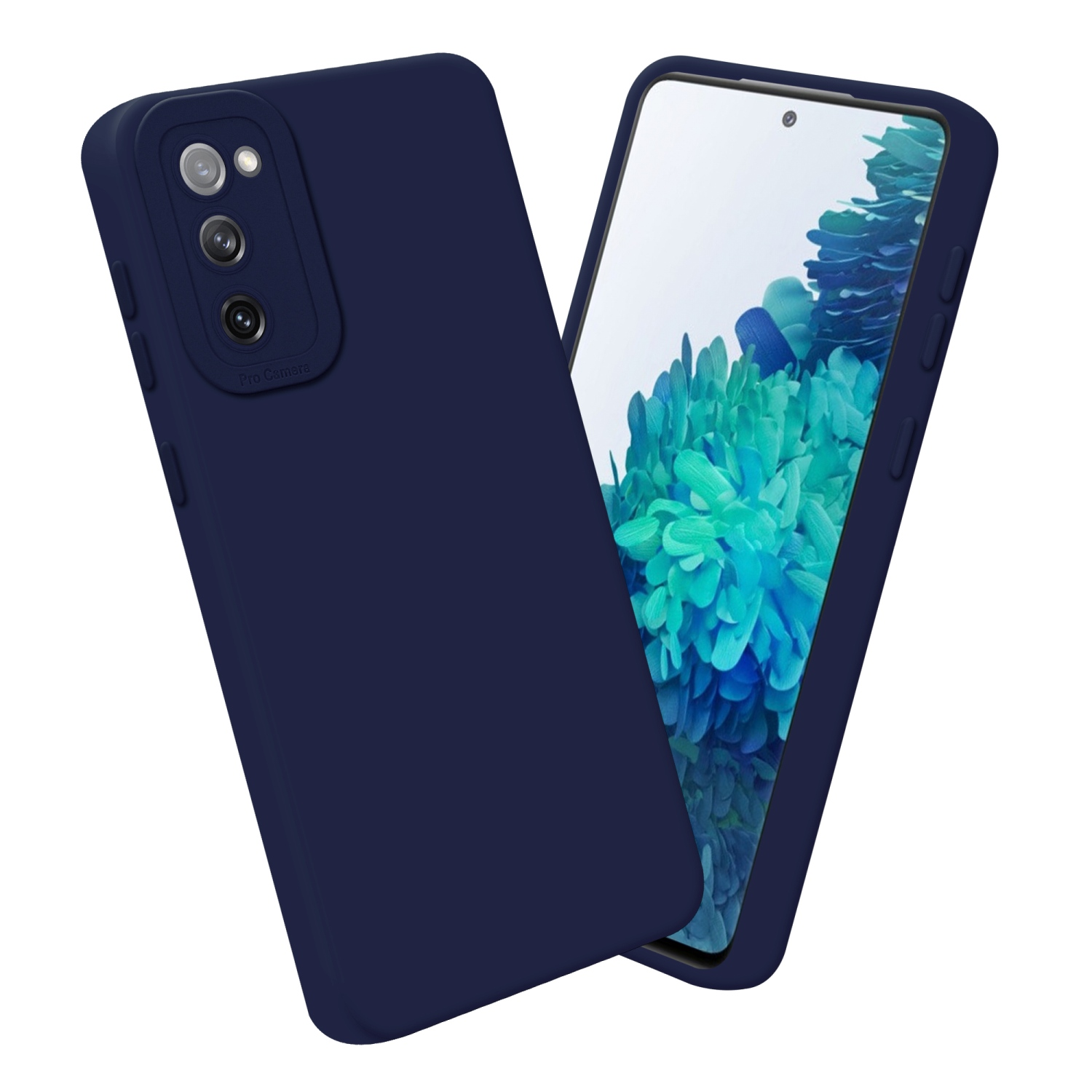 Custodia blu navy con telefono all'interno. Dettagli della fotocamera Pro visibili.