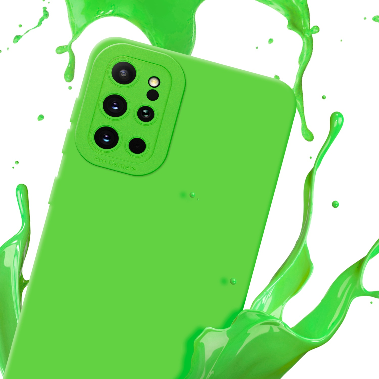 Custodia verde per telefono con schizzi di vernice verde. Lo sfondo è bianco.