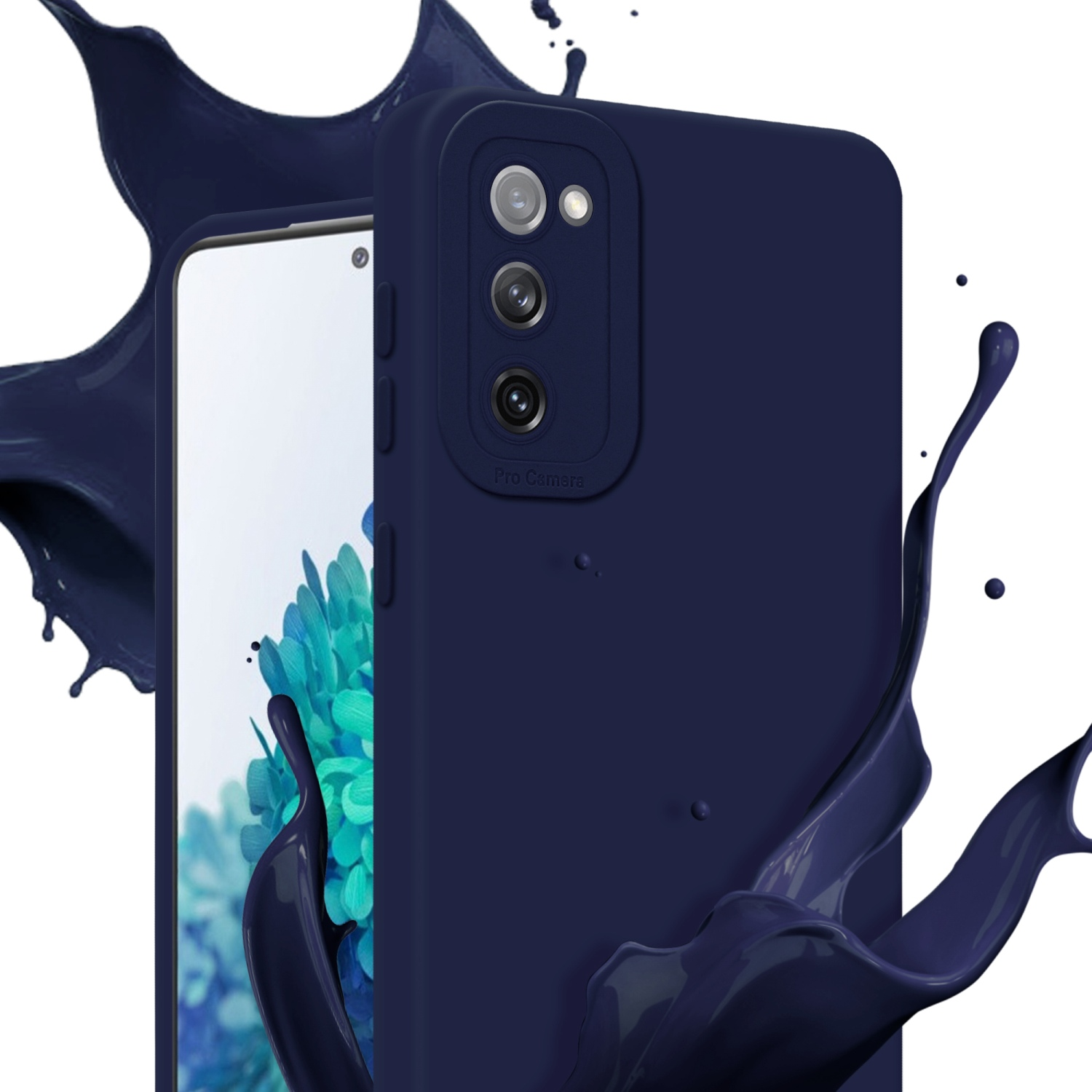 Custodia blu navy con tre fotocamere, effetto splash. Schermo del telefono visibile.
