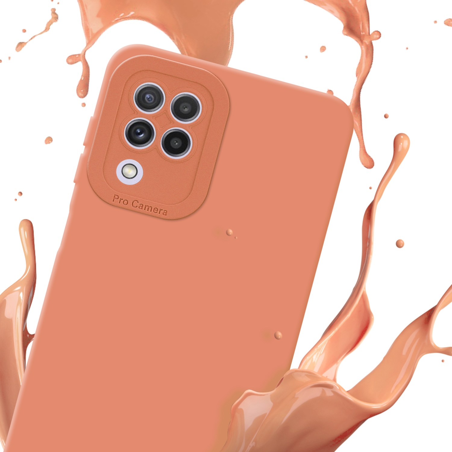 Coque de téléphone orange avec des éclaboussures de liquide orange. Plusieurs caméras.