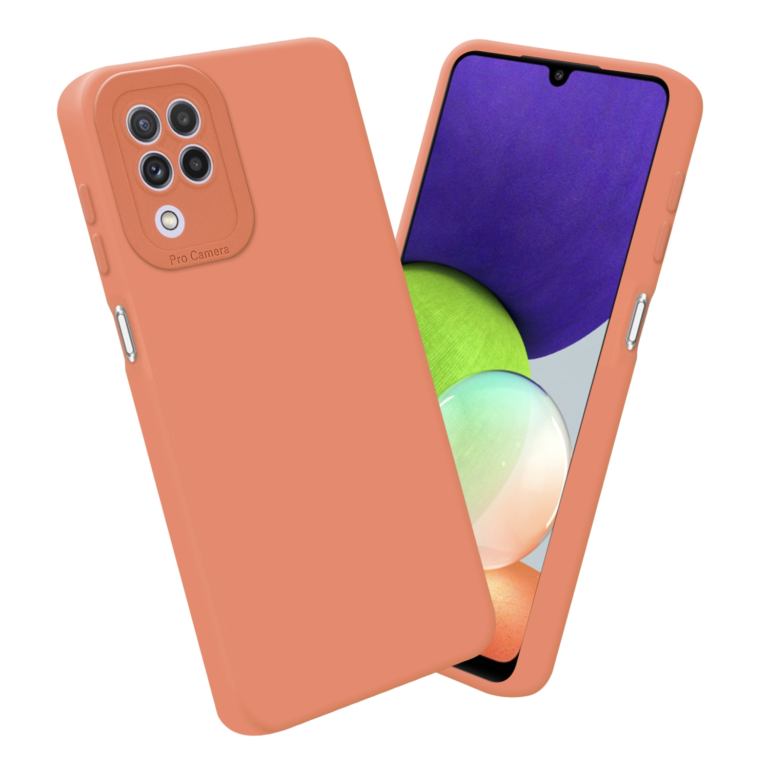 Coque de téléphone pêche avec téléphone. Le téléphone affiche un fond violet avec un contour blanc.