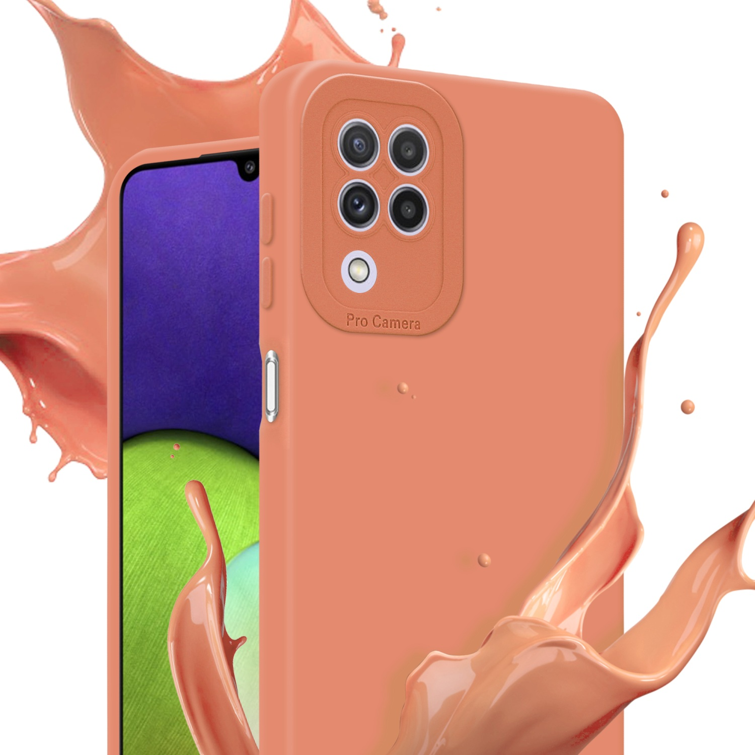 Une coque de téléphone couleur pêche avec un module de caméra et une éclaboussure de liquide couleur pêche,  à côté d'un écran.