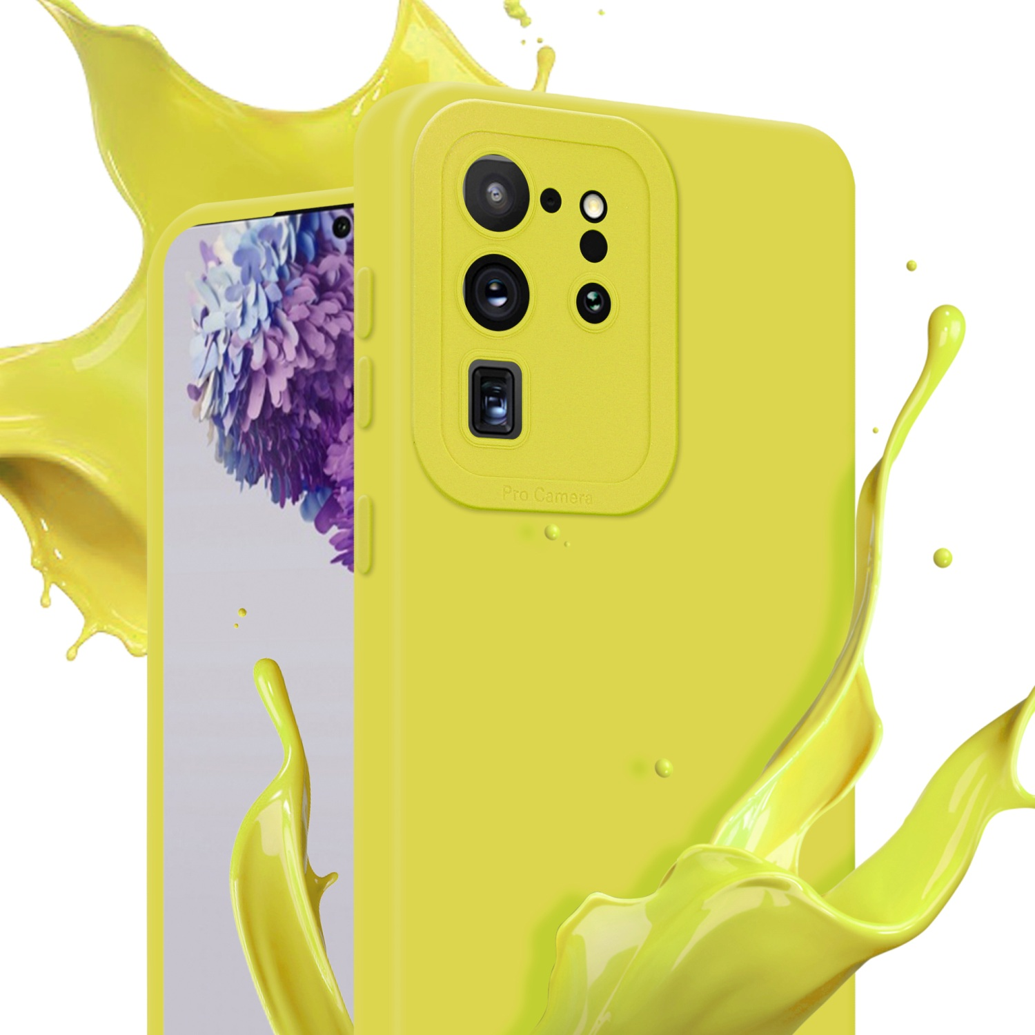 Una custodia gialla per telefono con effetto splash. La custodia è angolata.