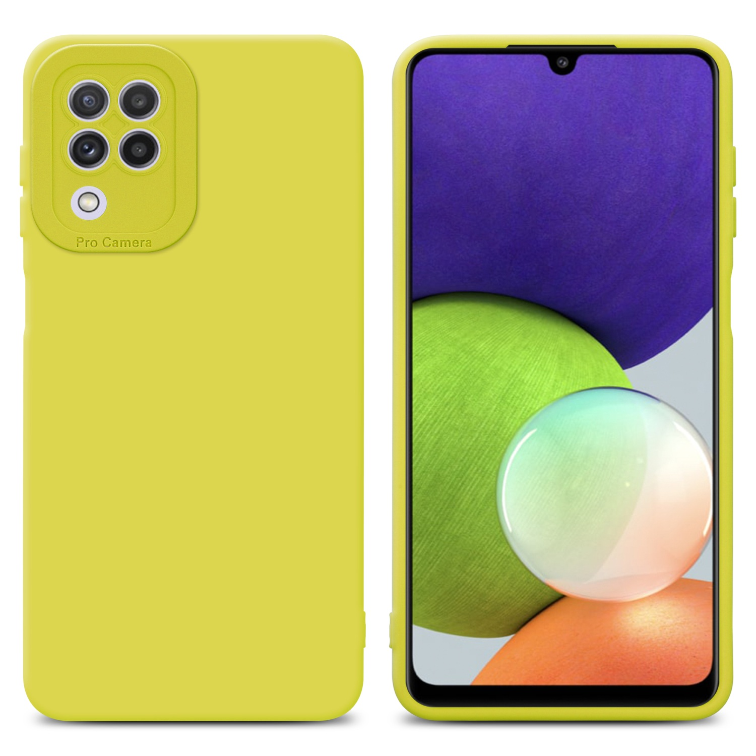 Custodia gialla e schermo che mostra sfondo viola, verde e arancione.