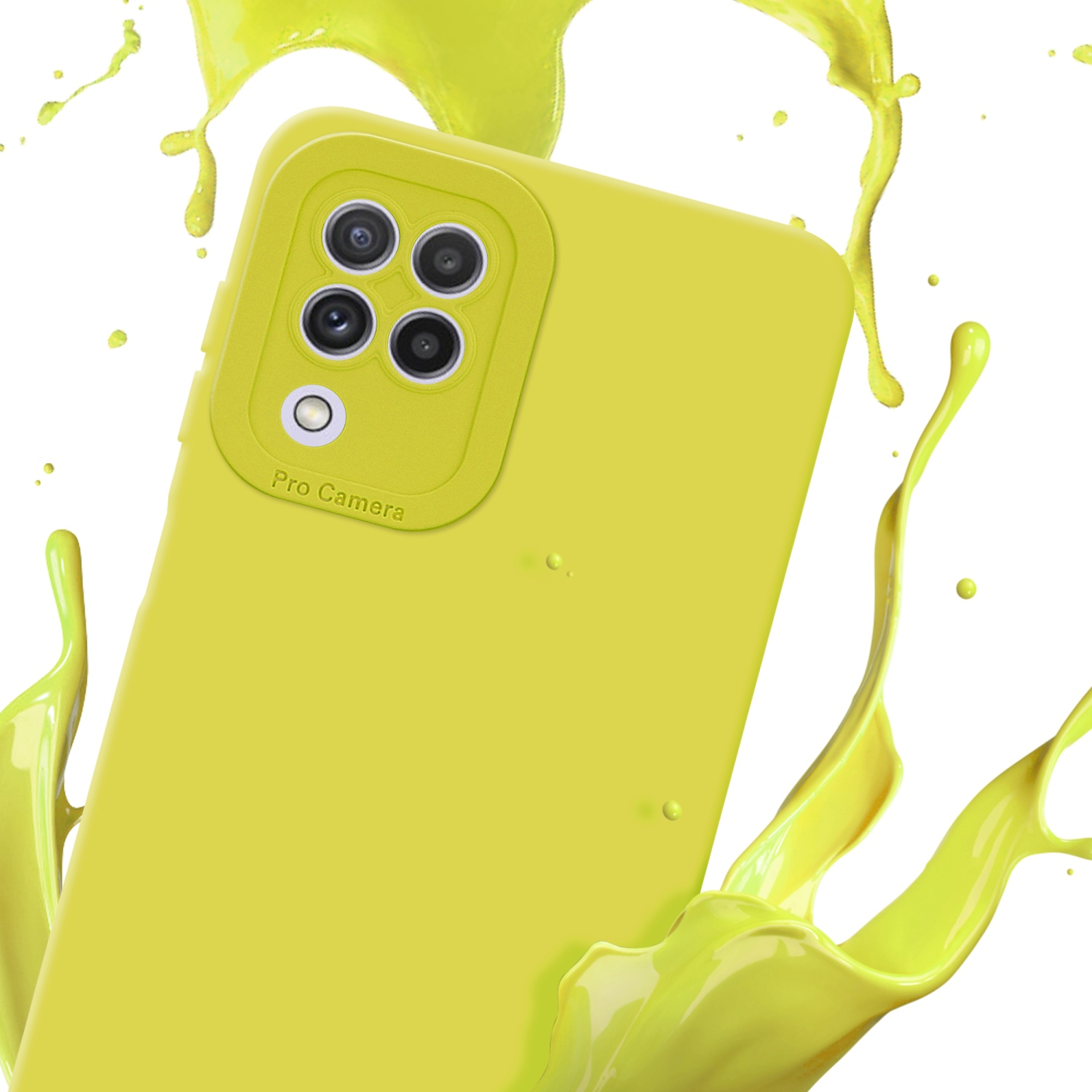 Una custodia gialla con un rialzo per fotocamera pro. Spruzzi di liquido giallo intorno al telefono.
