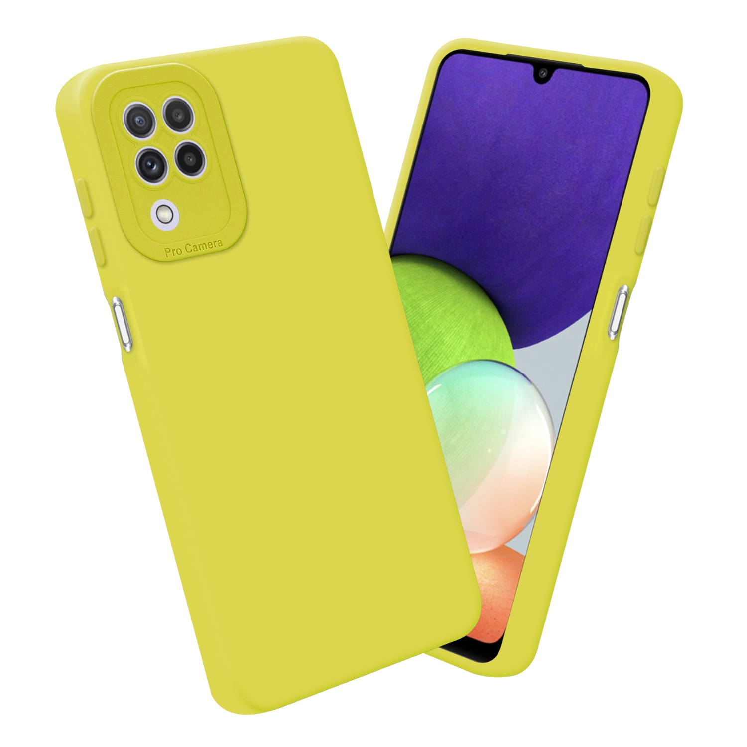 Custodia gialla. Una con schermo del telefono che mostra forme colorate.