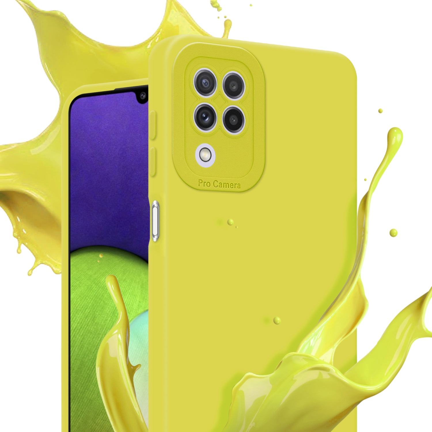 Una custodia per telefono gialla con uno spruzzo di liquido giallo. Un telefono è dentro. Sfondo bianco.
