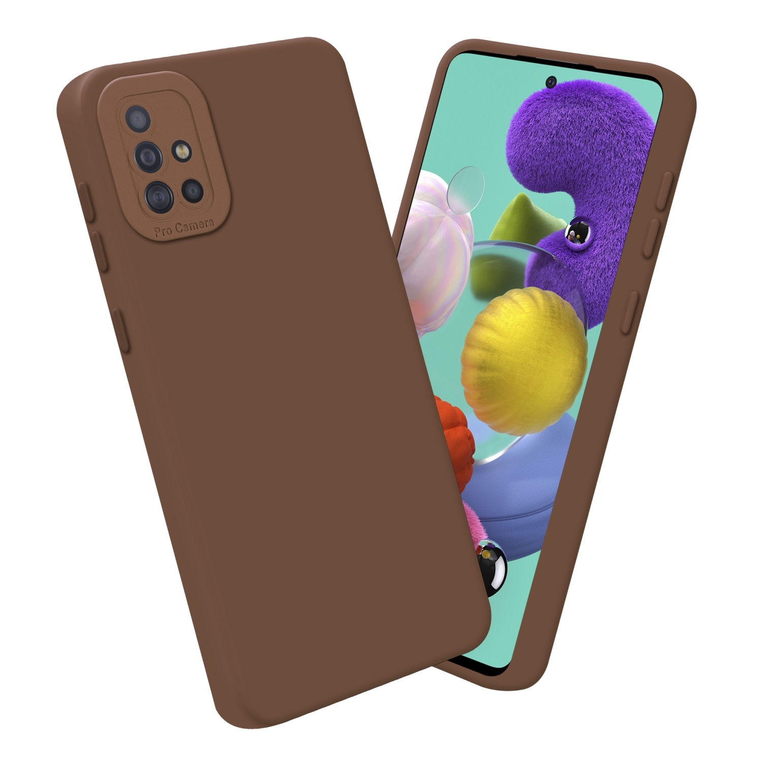 Una custodia per telefono marrone con un telefono all'interno. Lo schermo del telefono mostra personaggi dei cartoni animati.