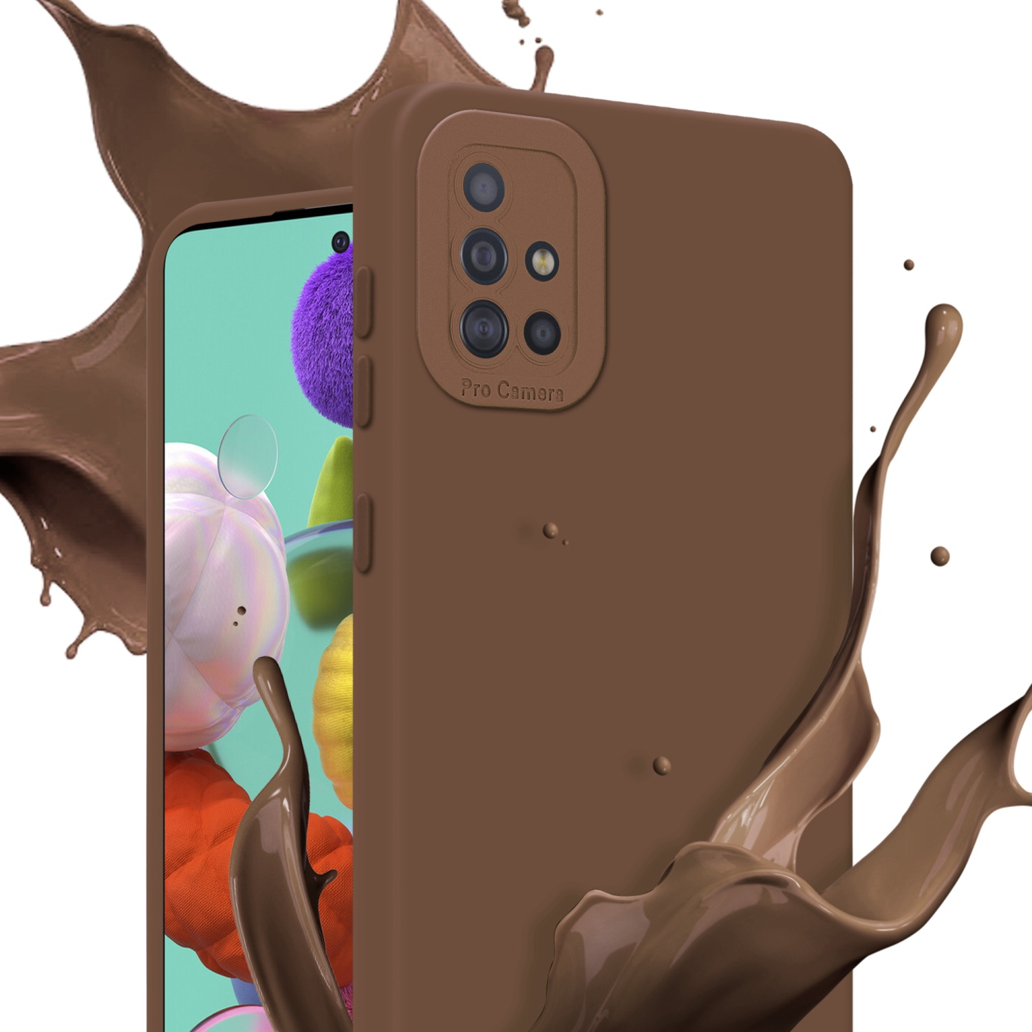 Custodia per telefono marrone con schizzi di vernice marrone. I dettagli della fotocamera sono visibili. Schizzo di cioccolato.
