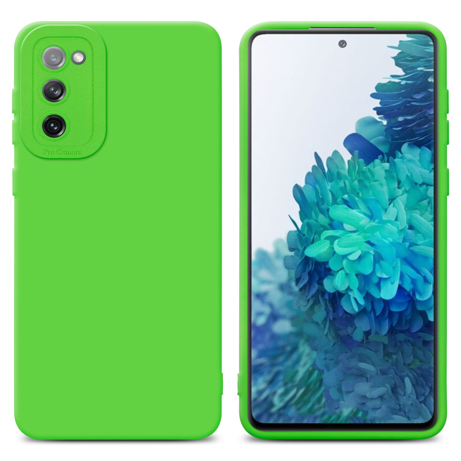 Viene mostrata una custodia per telefono verde. Un lato mostra il telefono all'interno. Sfondo bianco.