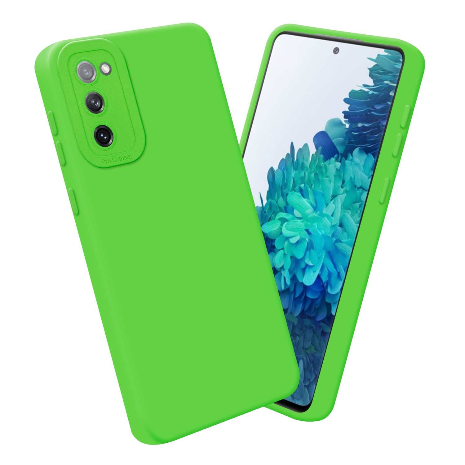Custodia verde per telefono accanto al telefono con schermo. La custodia ha una fotocamera. Sfondo bianco.