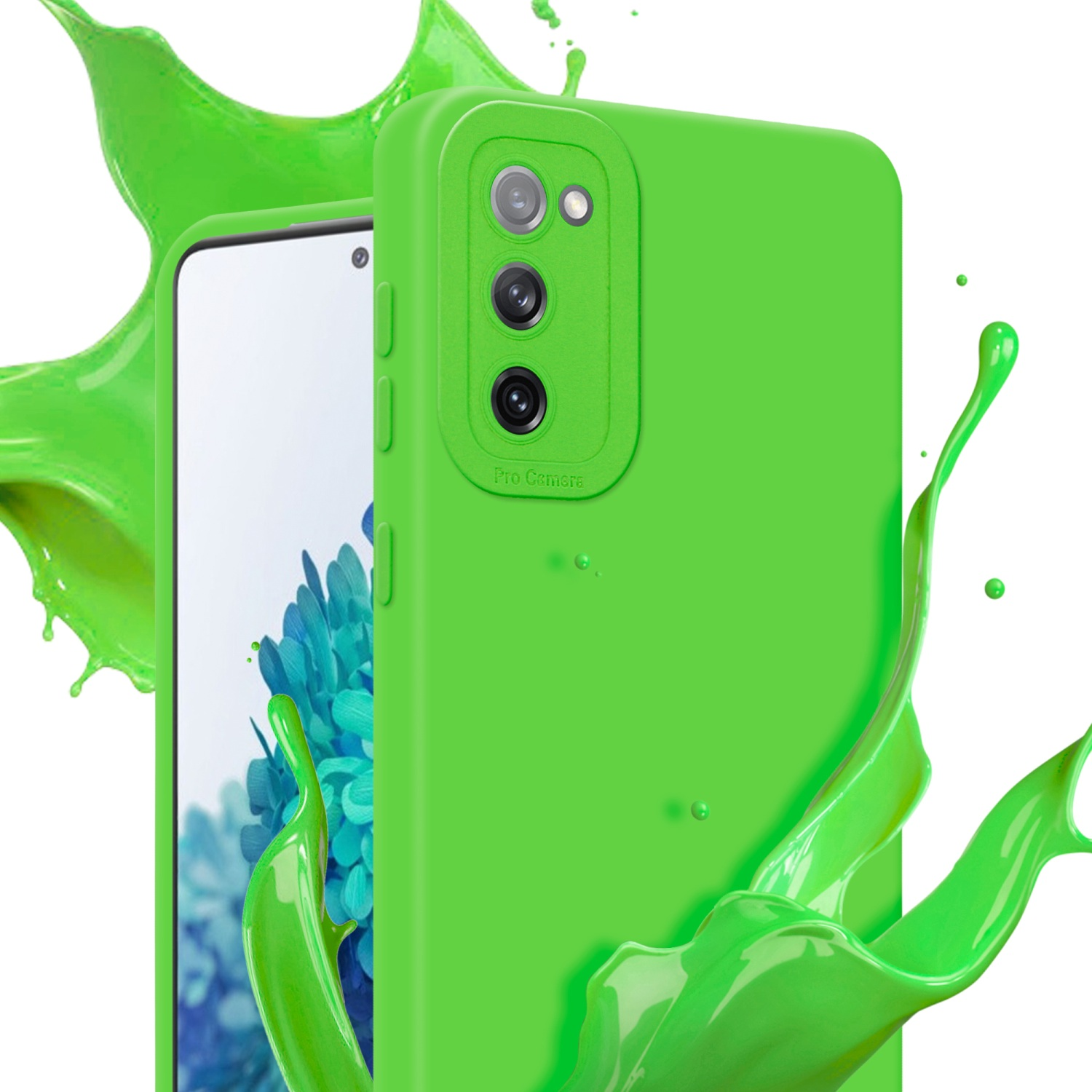 Custodia verde con spruzzi di liquido verde. Schermo visibile con forme colorate.