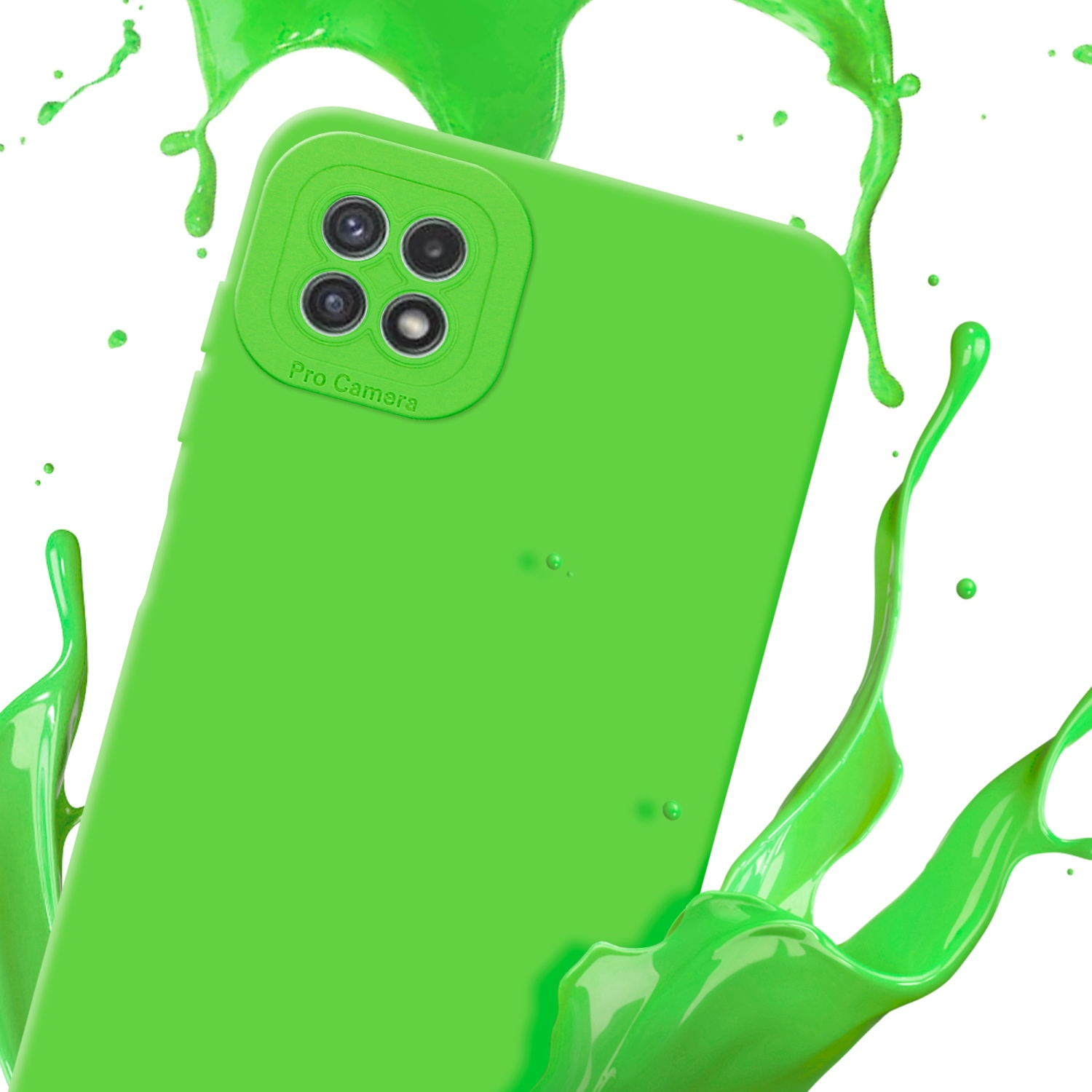 Coque de téléphone verte avec éclaboussure de peinture verte sur fond blanc.
