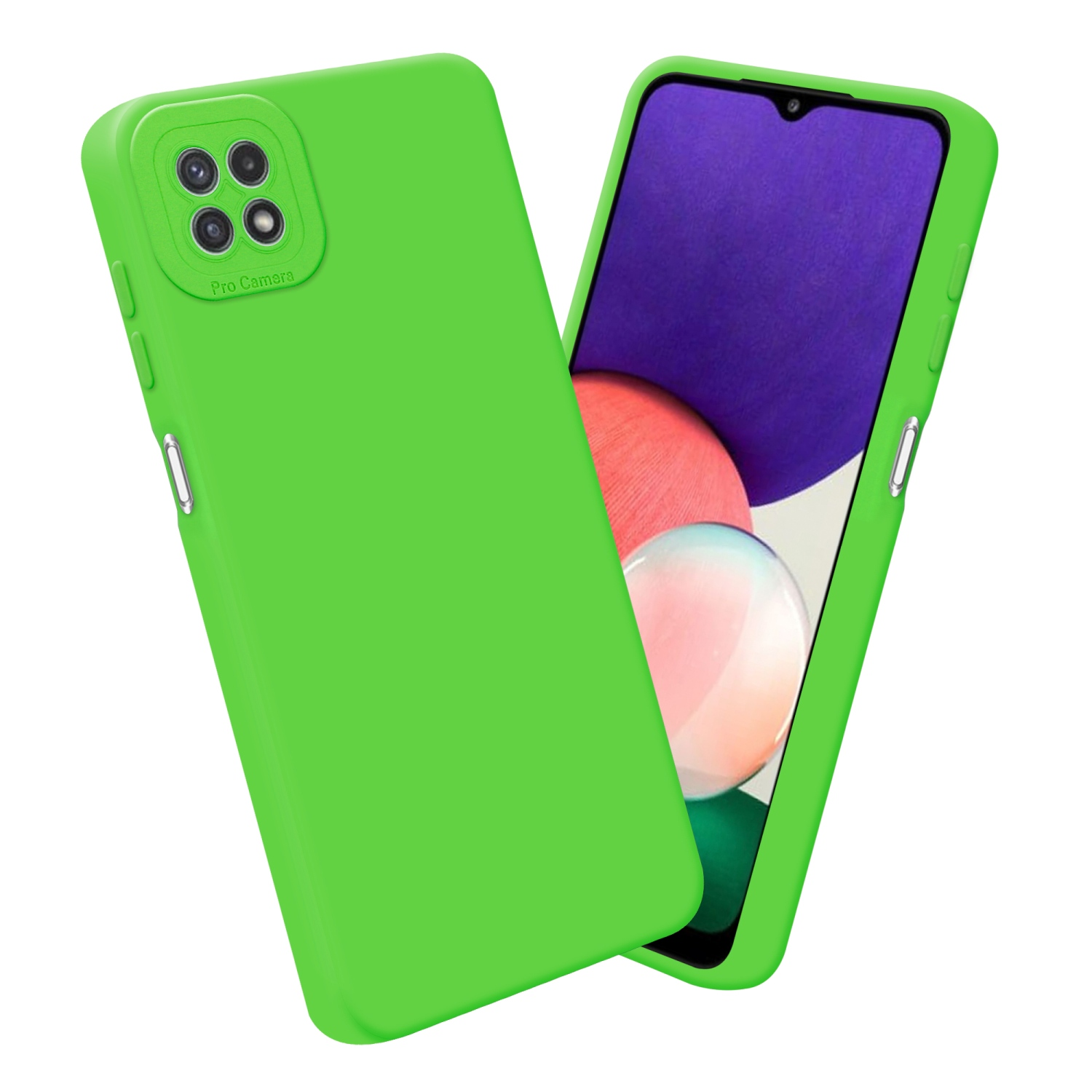 Coques de téléphone vertes. Une coque recouvre un téléphone avec un cadre vert et un écran violet.