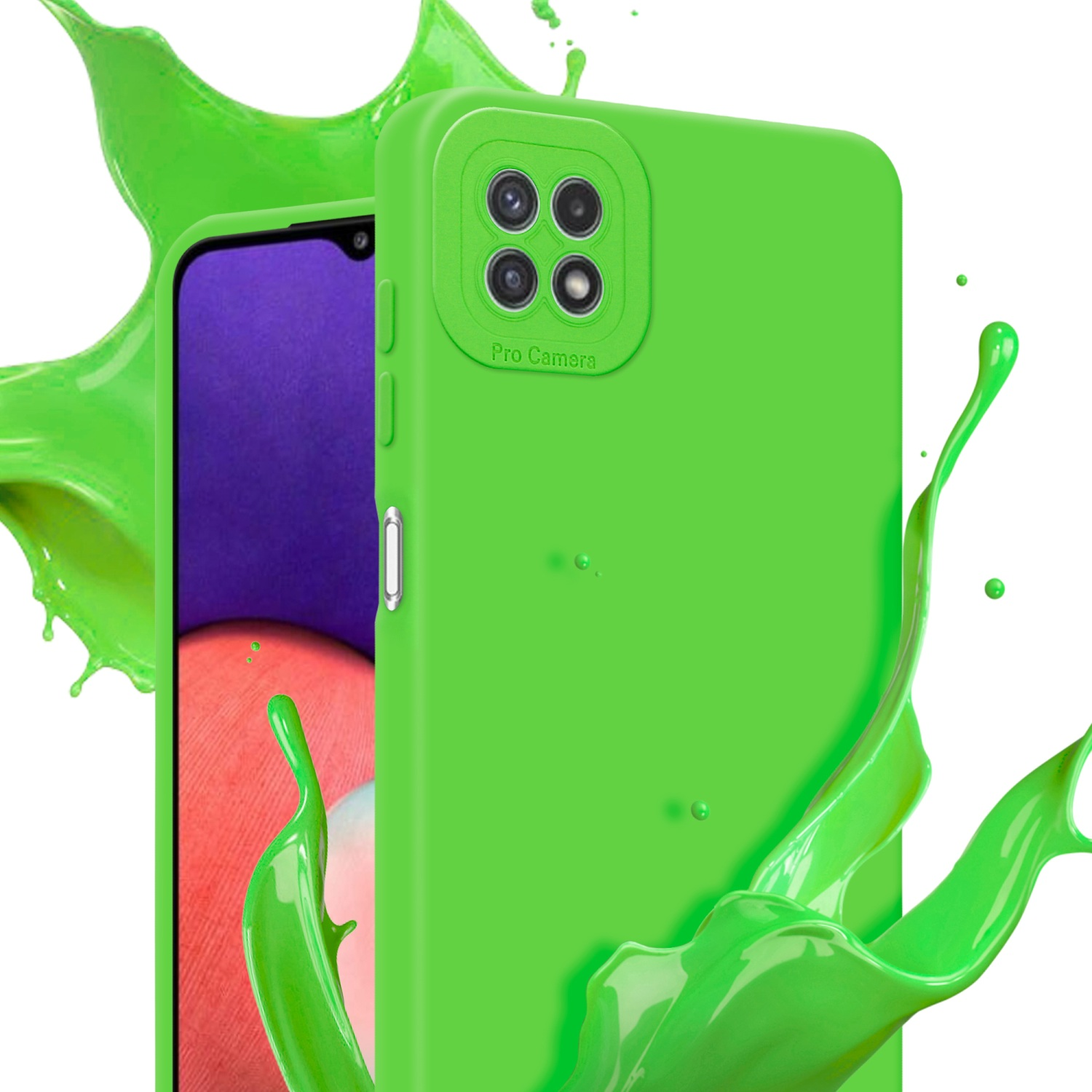 Coque de téléphone verte, éclaboussure. Écran de téléphone visible, violet. Détails de la caméra Pro.