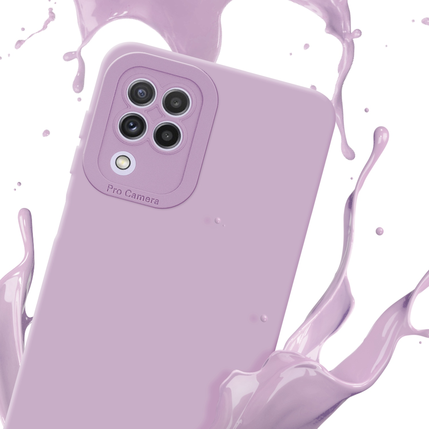 Une coque de téléphone violet clair avec découpes caméra. Éclaboussures violettes en arrière-plan.