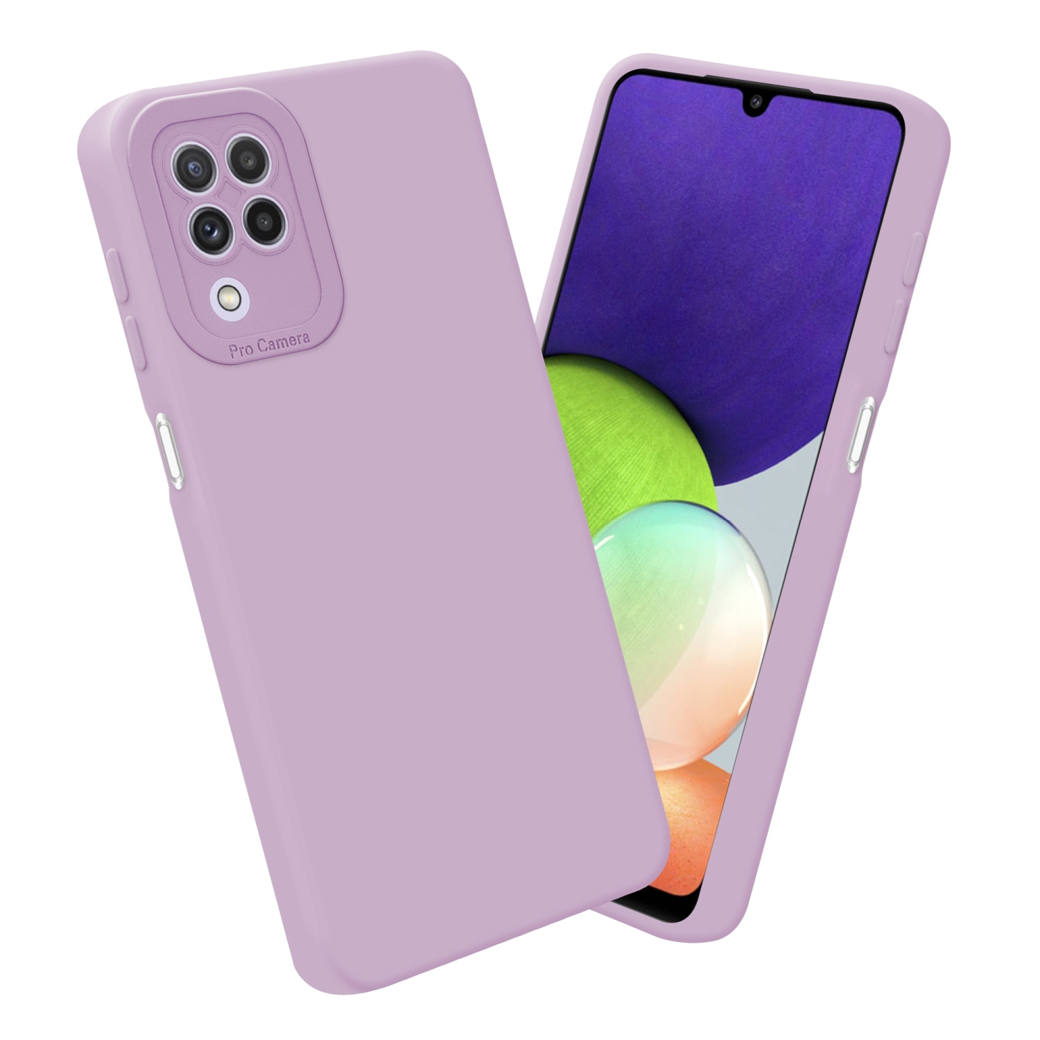 Deux coques de téléphone violet clair, l'une sur l'autre. L'une couvre la caméra.