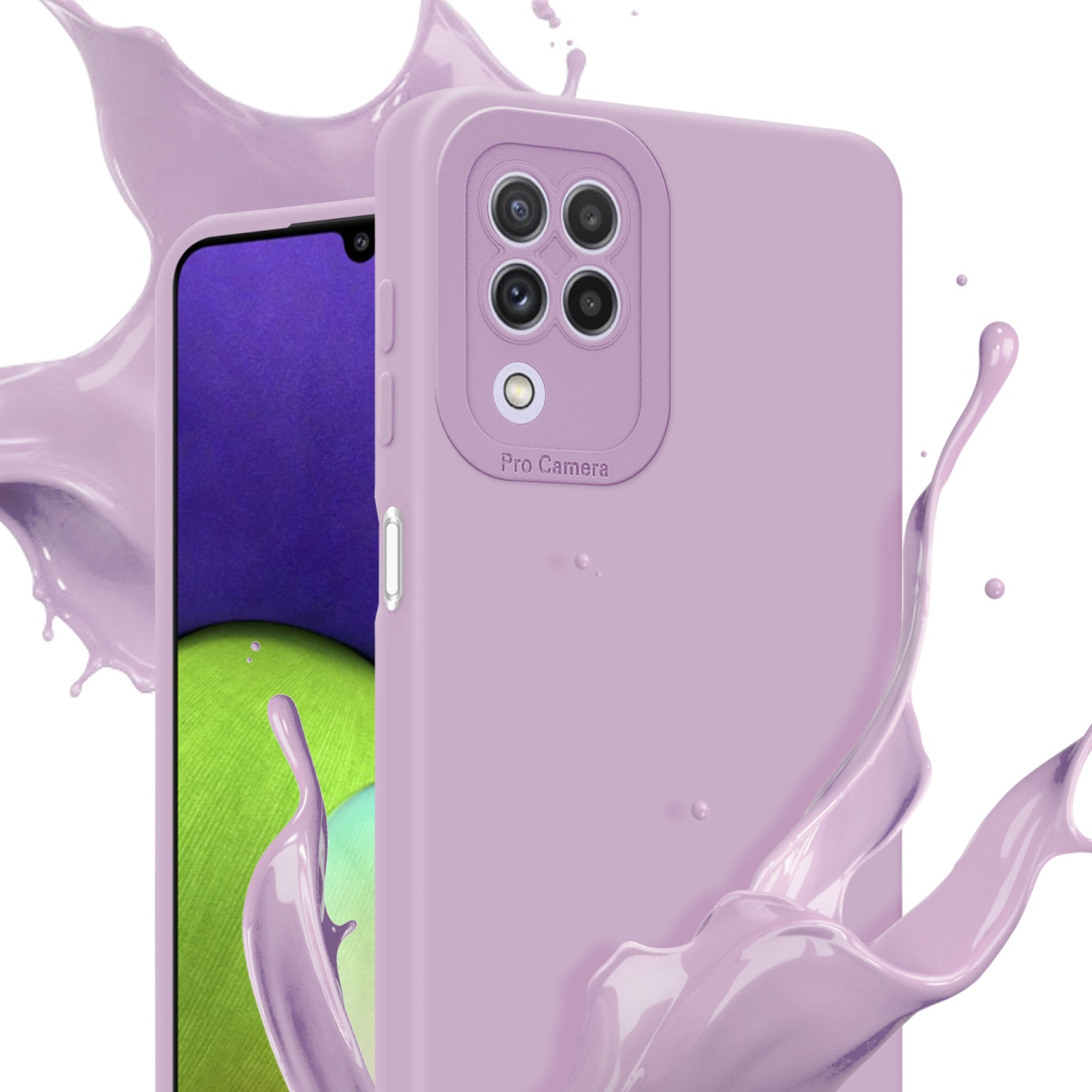 Coque de téléphone violette, avec une éclaboussure de liquide violet et un écran de téléphone visible.