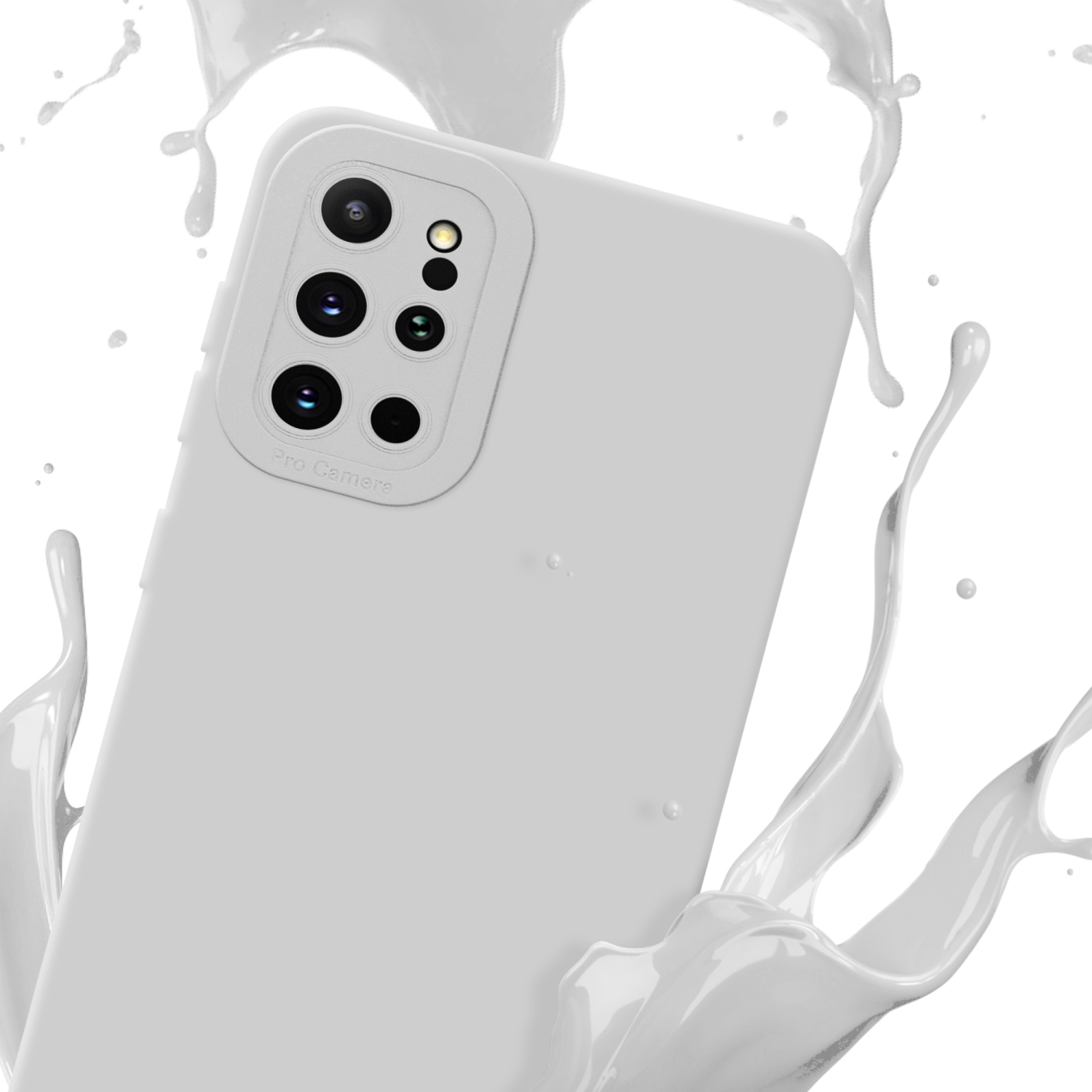 Una custodia per telefono grigio chiaro con schizzi di vernice bianca. Sfondo bianco.