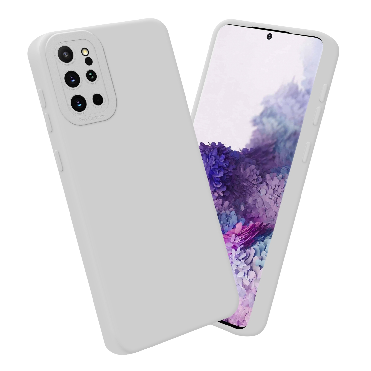 Due custodie per telefono bianche. Uno è angolato e l'altro ha uno schermo del telefono che mostra un'immagine viola.