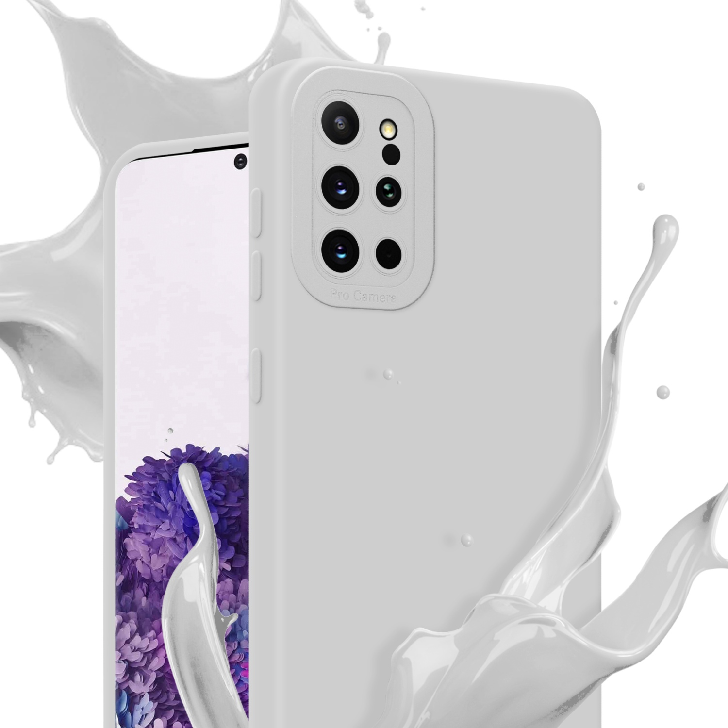 Una custodia bianca con un ritaglio per la fotocamera, con schizzi di vernice bianca e un telefono con schermo lavanda.