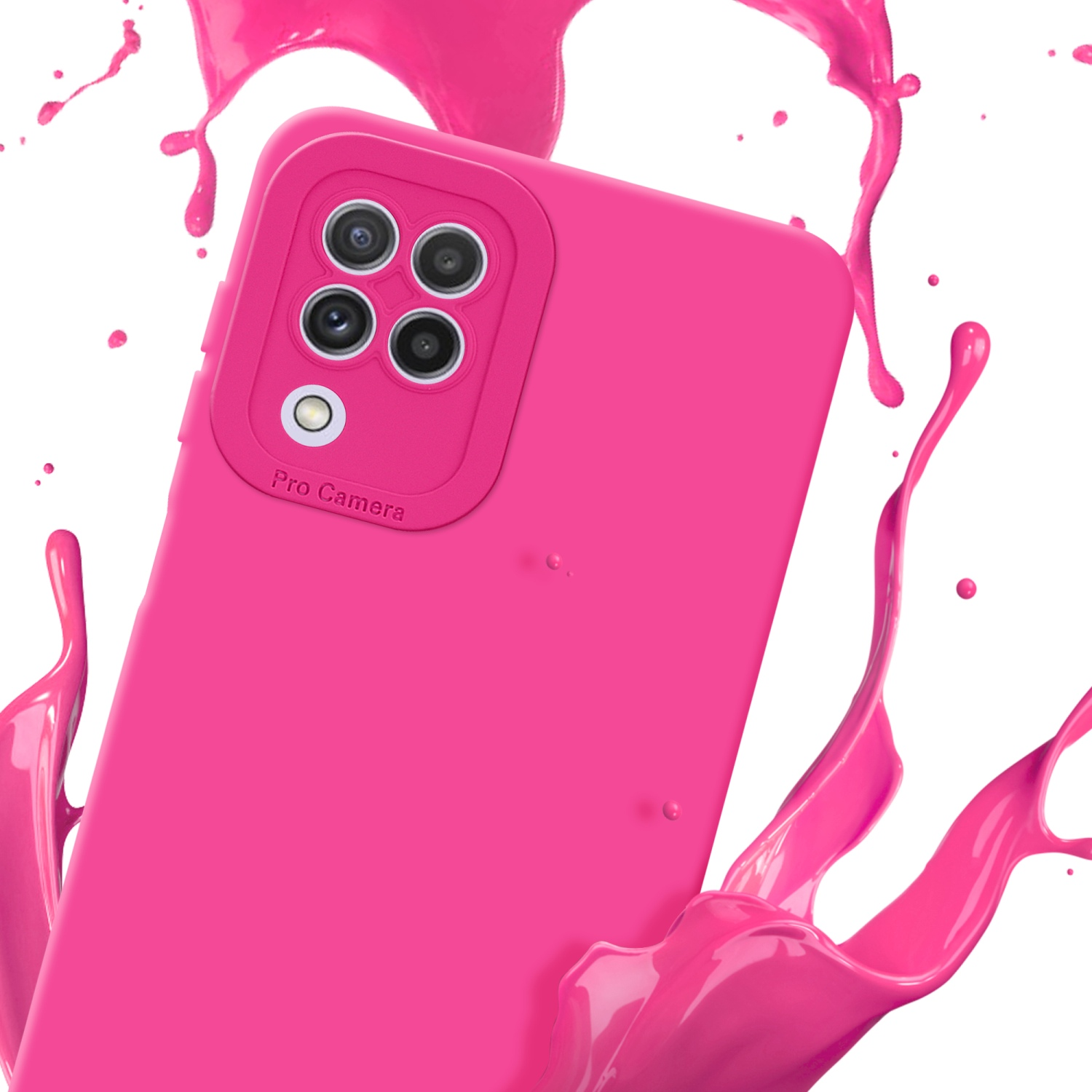 Una custodia rosa per telefono con sezione fotocamera è circondata da schizzi di liquido rosa.