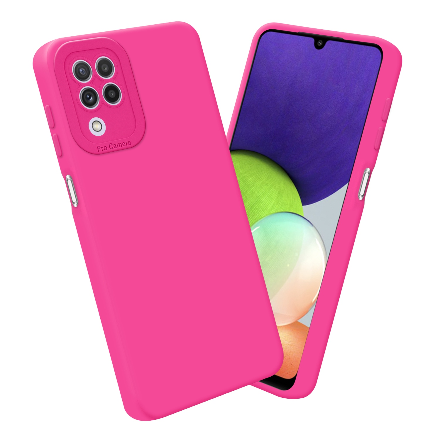 Custodia rosa per telefono. Schermo del telefono visibile, rosa. Dettagli fotocamera Pro.
