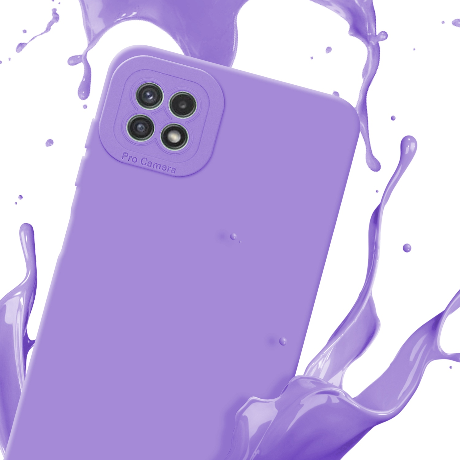 Coque de téléphone violette avec triple caméra, éclaboussures de peinture violette autour.
