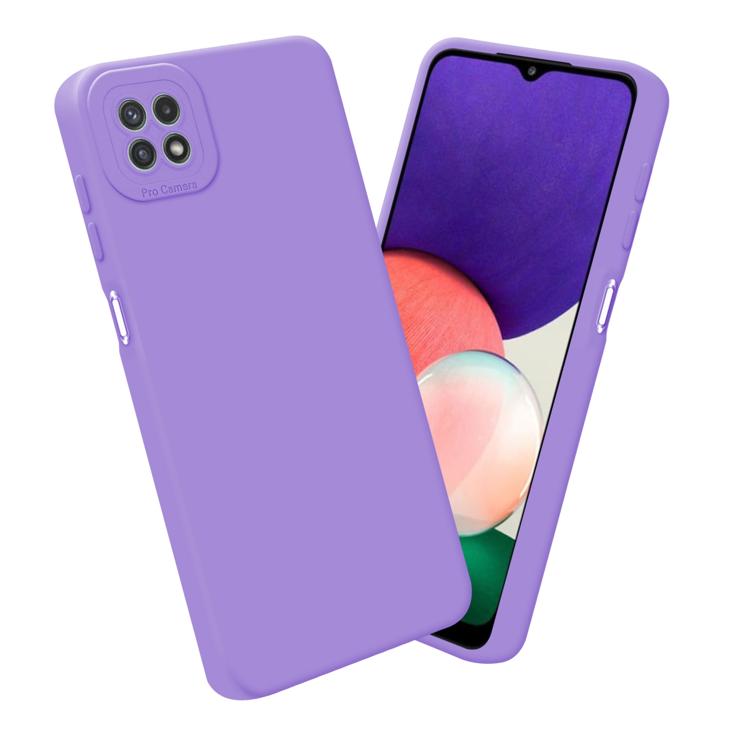 Deux coques de téléphone violettes. L'une est ouverte, affichant un écran de téléphone. L'autre est fermée.