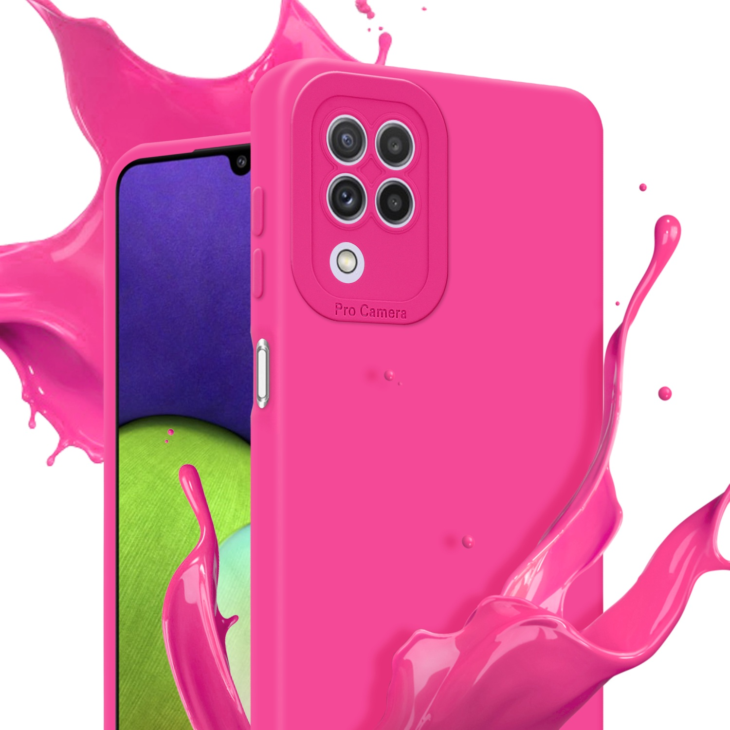 Custodia rosa per telefono con telefono e schizzo rosa. Pro Fotocamera sul retro.