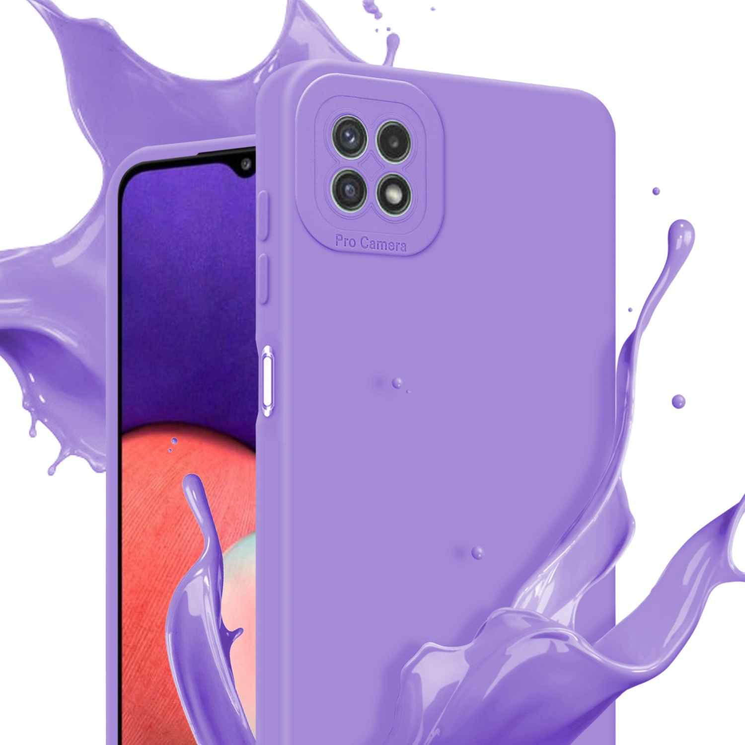 Coque de téléphone lilas avec téléphone. Éclaboussure de peinture lilas en arrière-plan.
