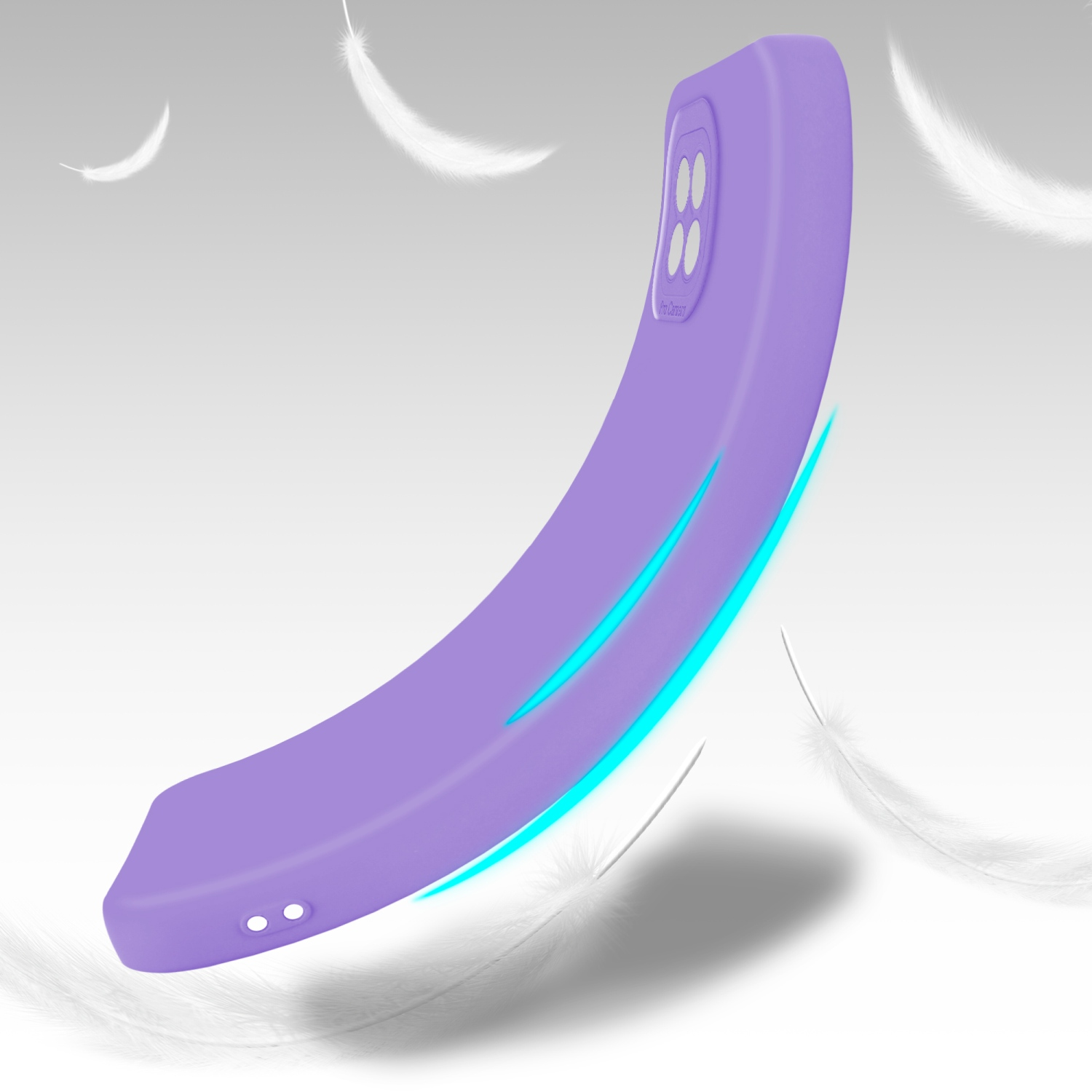 Coque de téléphone violette incurvée, flottante, avec fond de plumes et effet de lumière bleue.