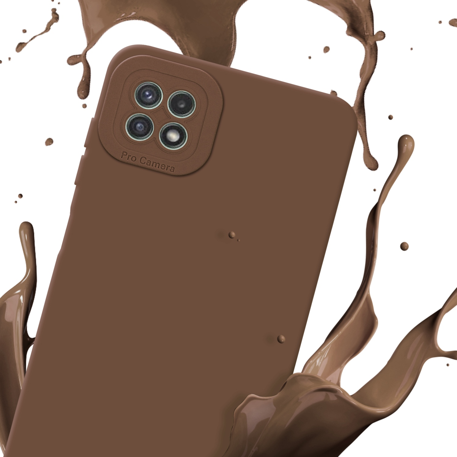 Custodia per telefono marrone con dettaglio fotocamera, spruzzo di vernice marrone su sfondo bianco.