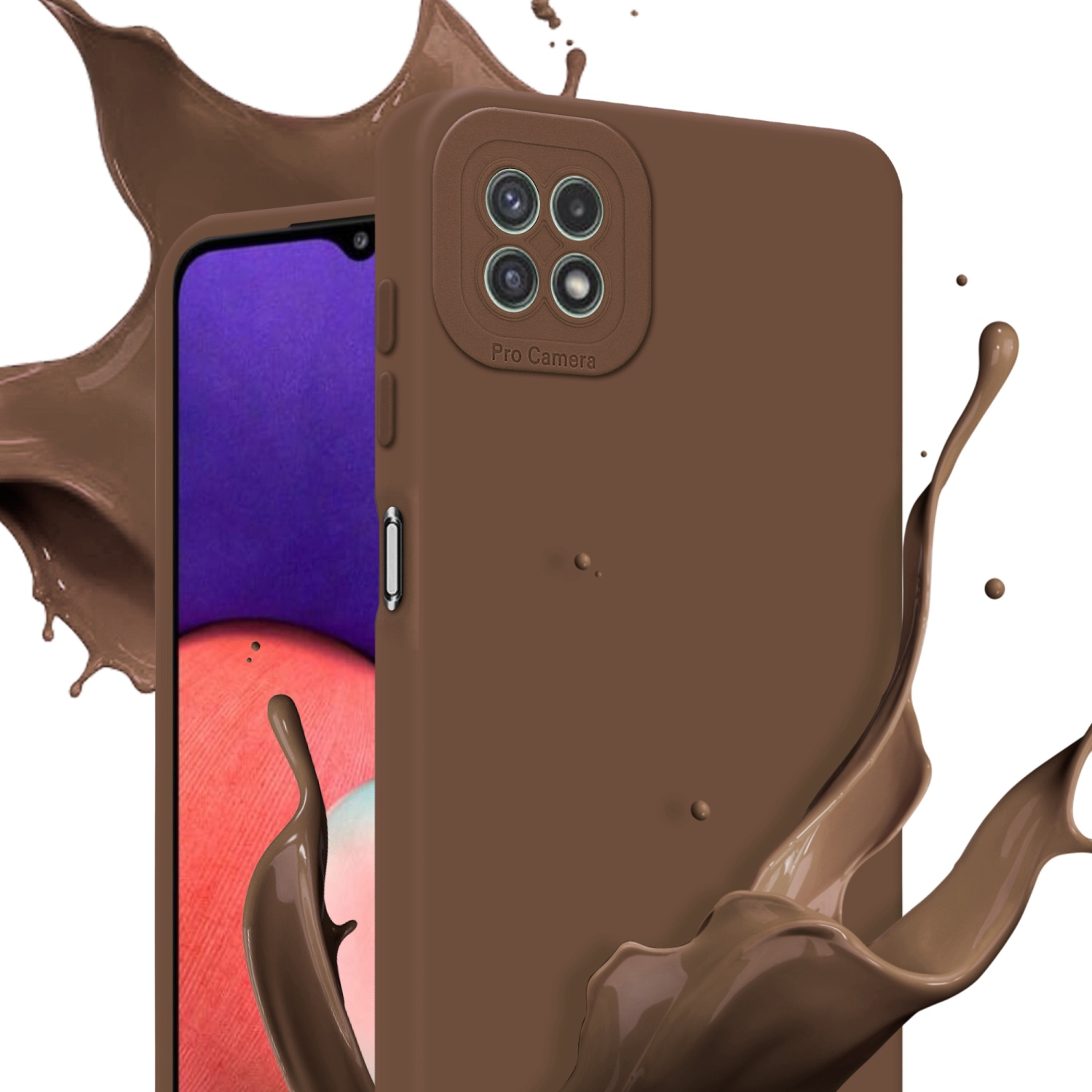 Custodia marrone con telefono dentro ed effetti spruzzo di cioccolato.