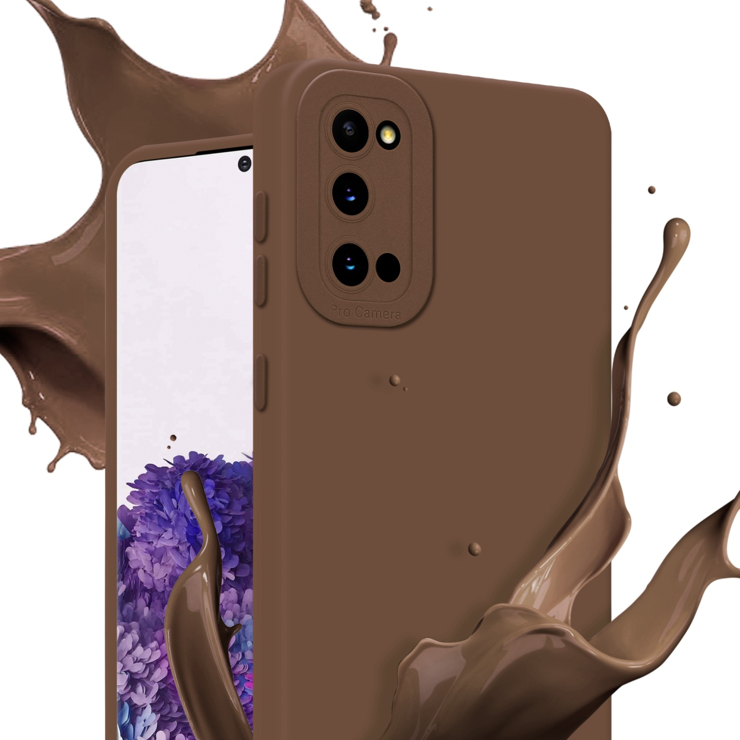 Custodia e telefono marrone con schizzi di vernice marrone.