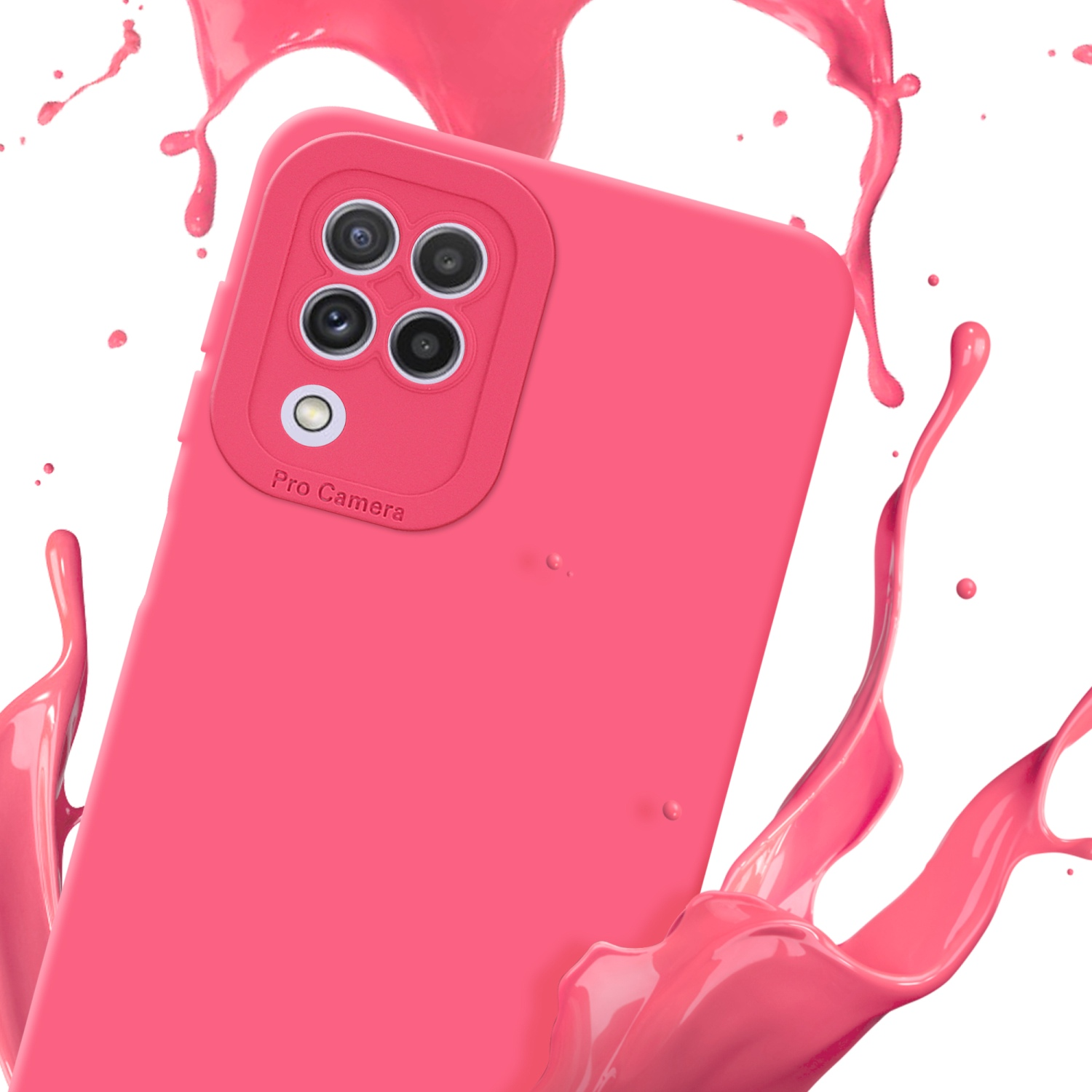 Custodia rosa con sporgenza fotocamera. Schizzi di liquido rosa in primo piano.