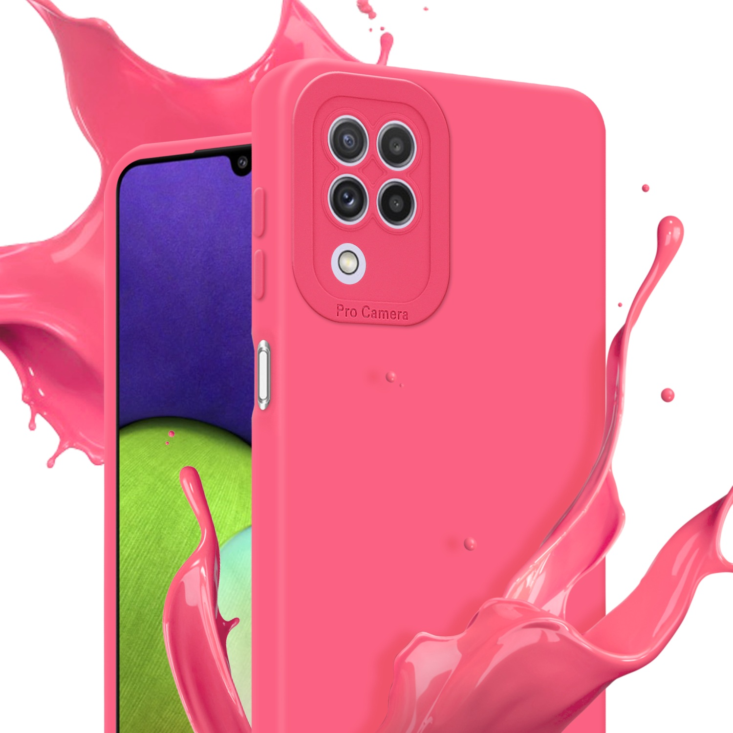 Custodia rosa con telefono dentro. Schizzo di vernice sullo sfondo.