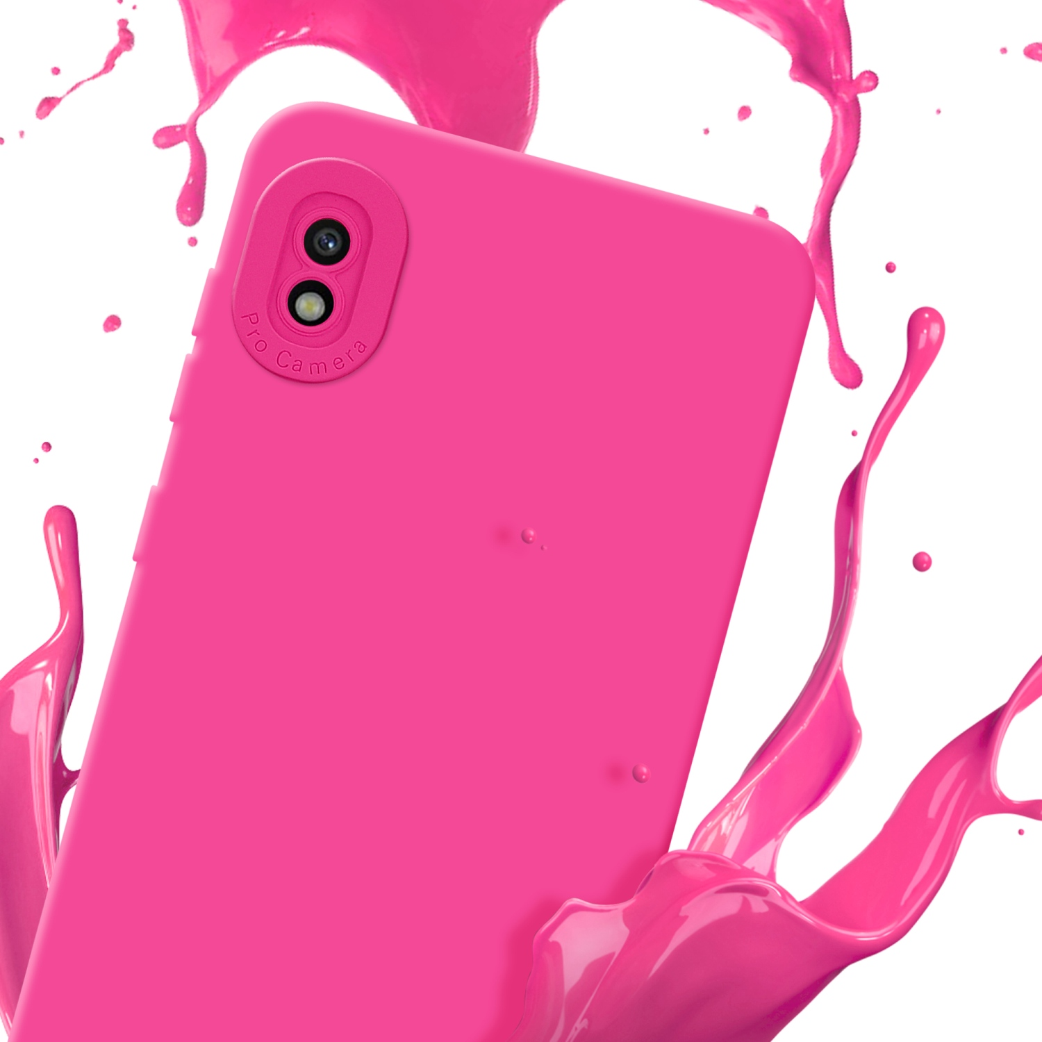 Custodia rosa con schizzi di vernice rosa. Fotocamera del telefono visibile dietro.