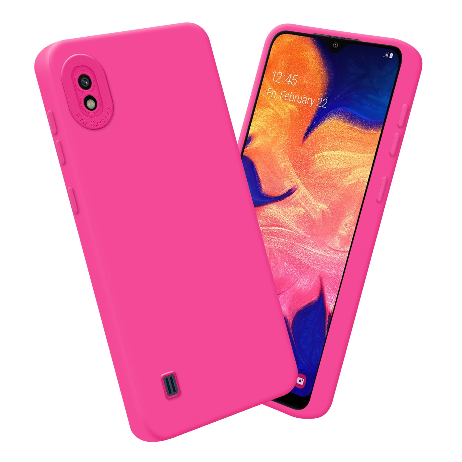 Custodia rosa con telefono dentro. Il telefono mostra ora e data.