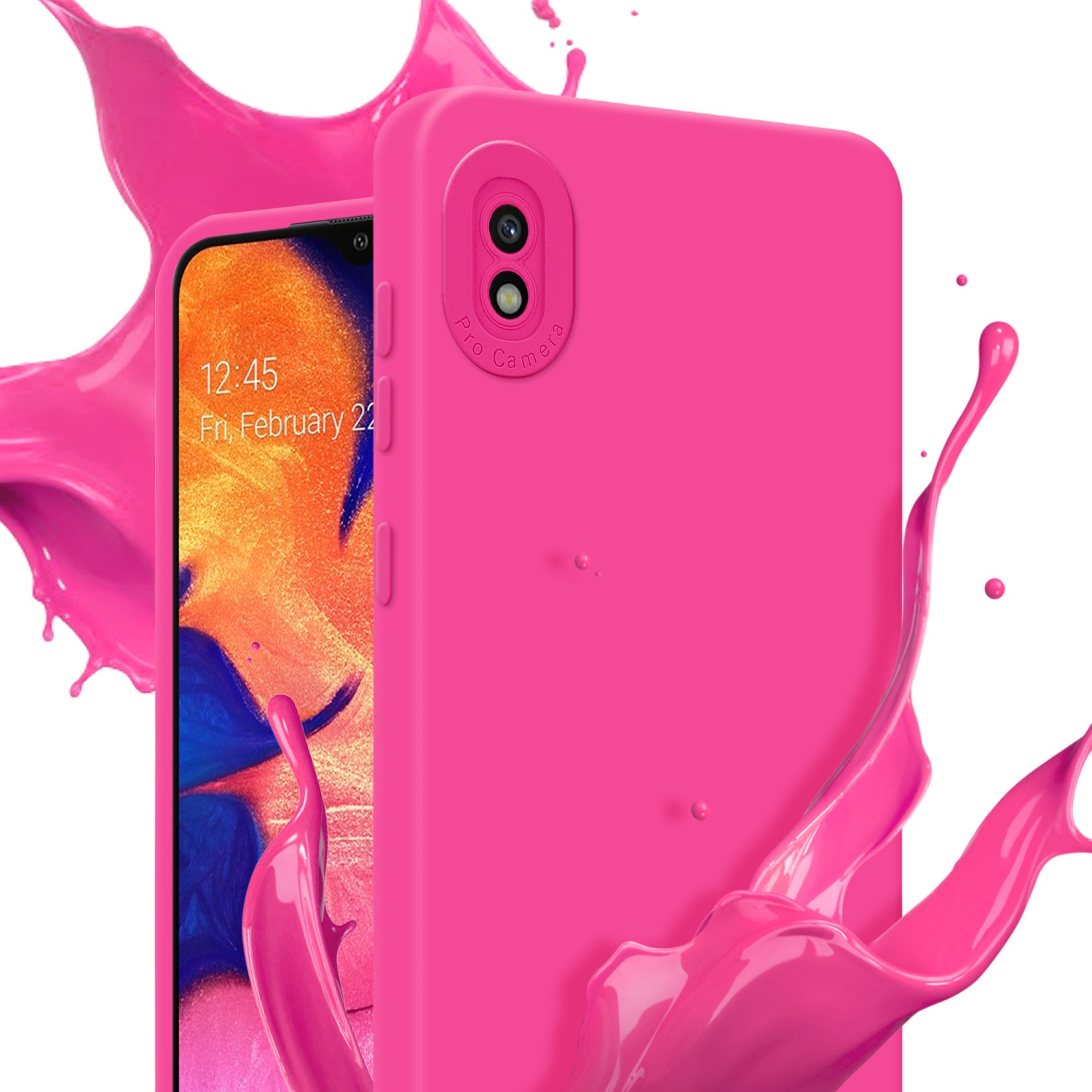 Custodia rosa per telefono con orario. Schizzi di vernice rosa su sfondo bianco.