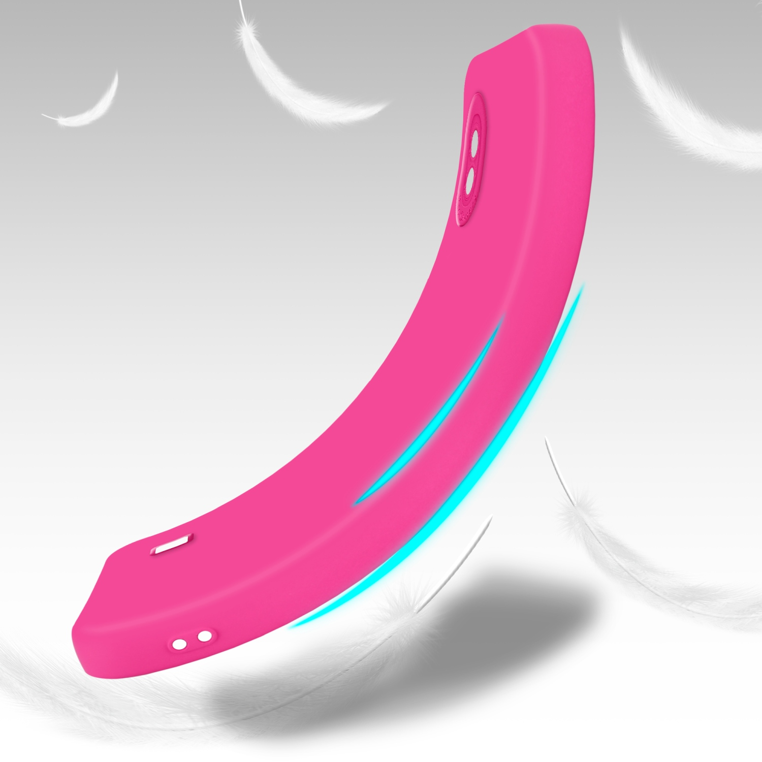 Una custodia per telefono rosa fluttua con piume bianche sullo sfondo.