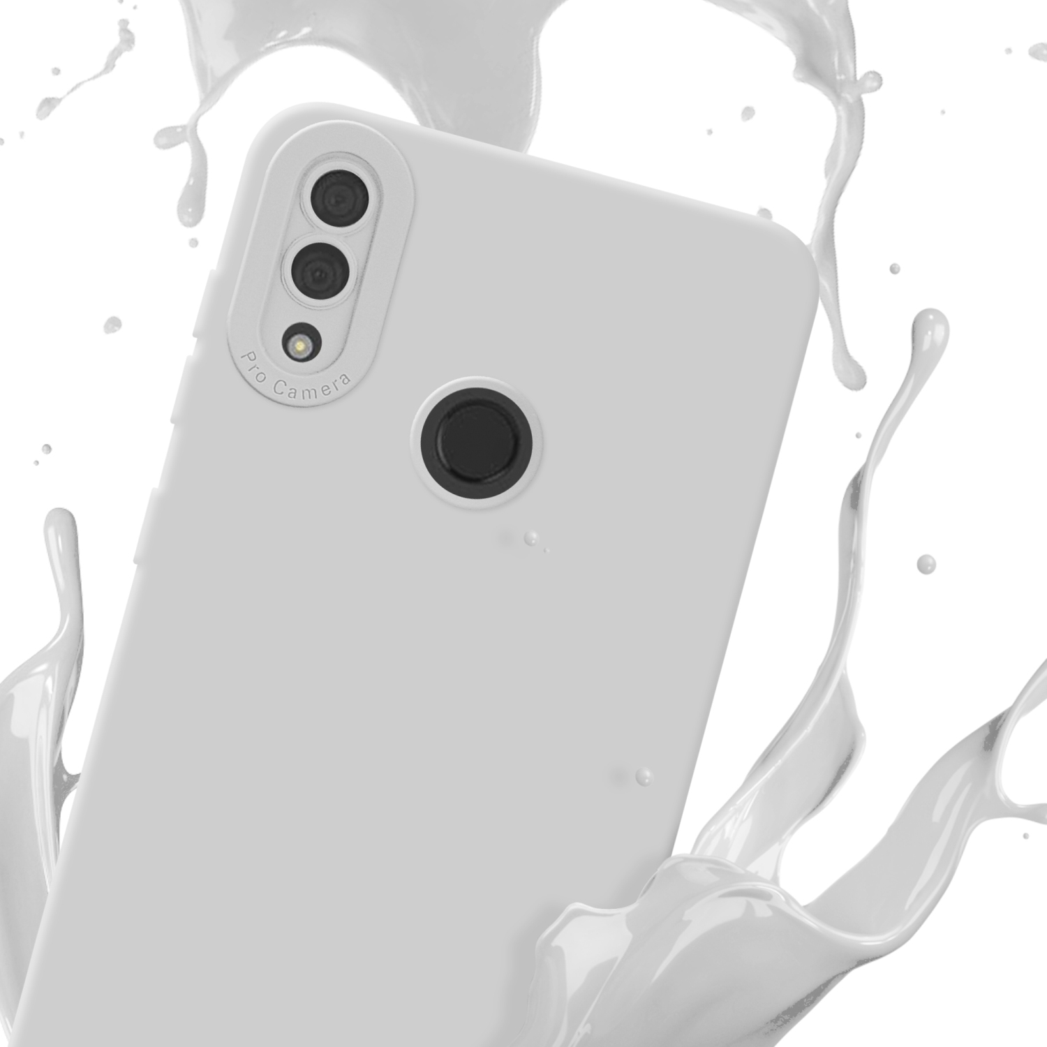 Un étui de téléphone blanc avec un effet d'éclaboussure. L'étui est incliné.