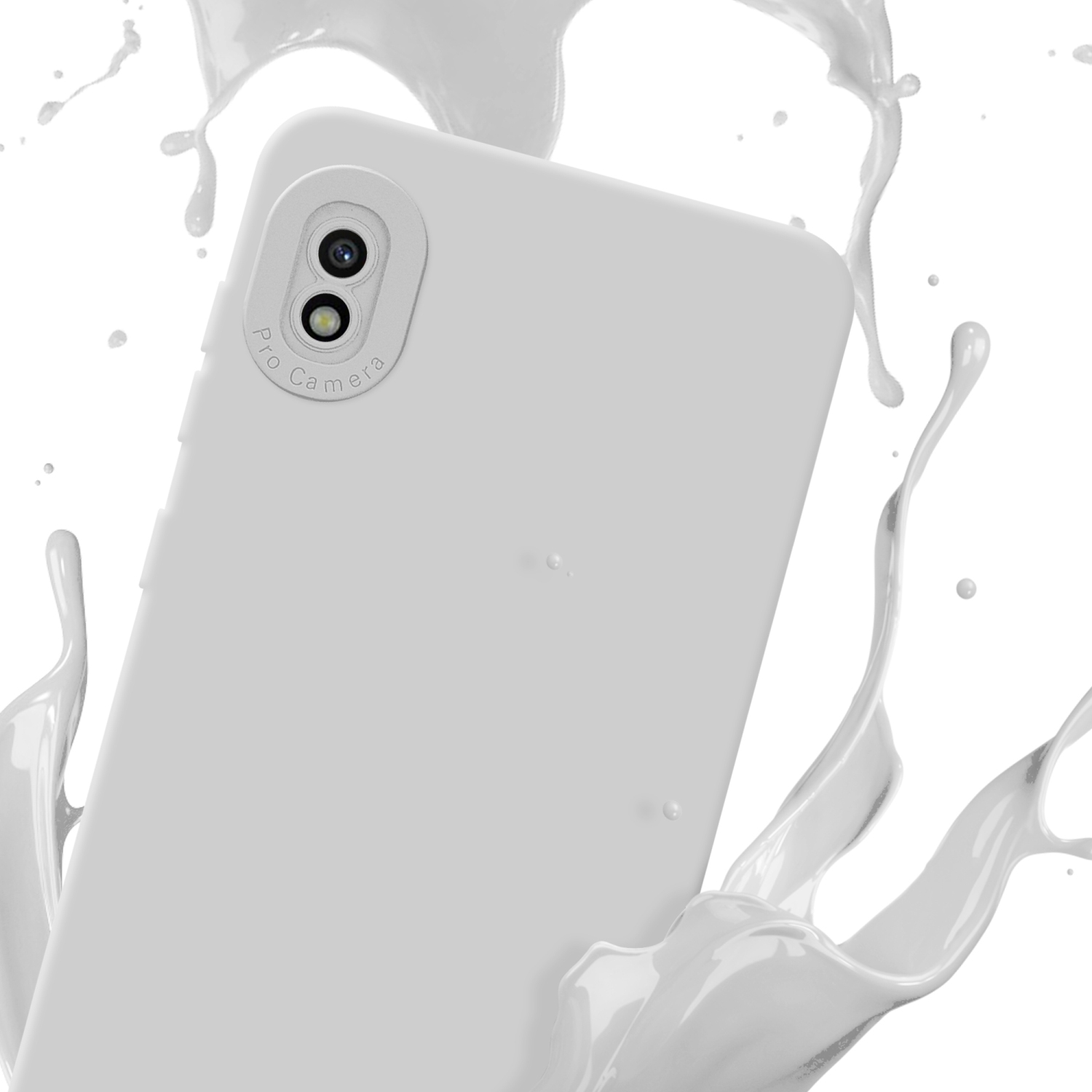 Custodia bianca per telefono con fotocamera professionale, spruzzo di liquido bianco su sfondo bianco.