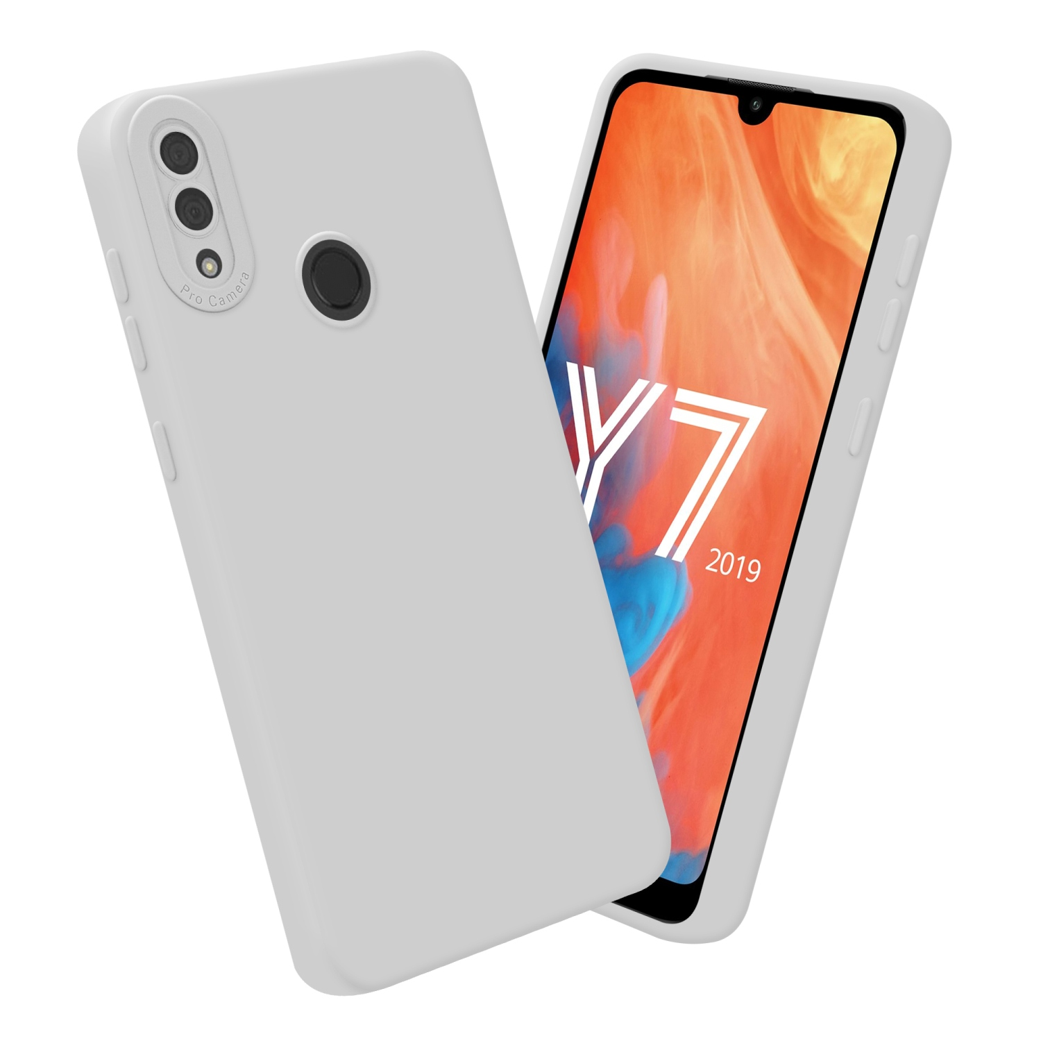 Deux téléphones, un dans un étui blanc, l'autre montrant l'écran avec le texte Y7 2019.