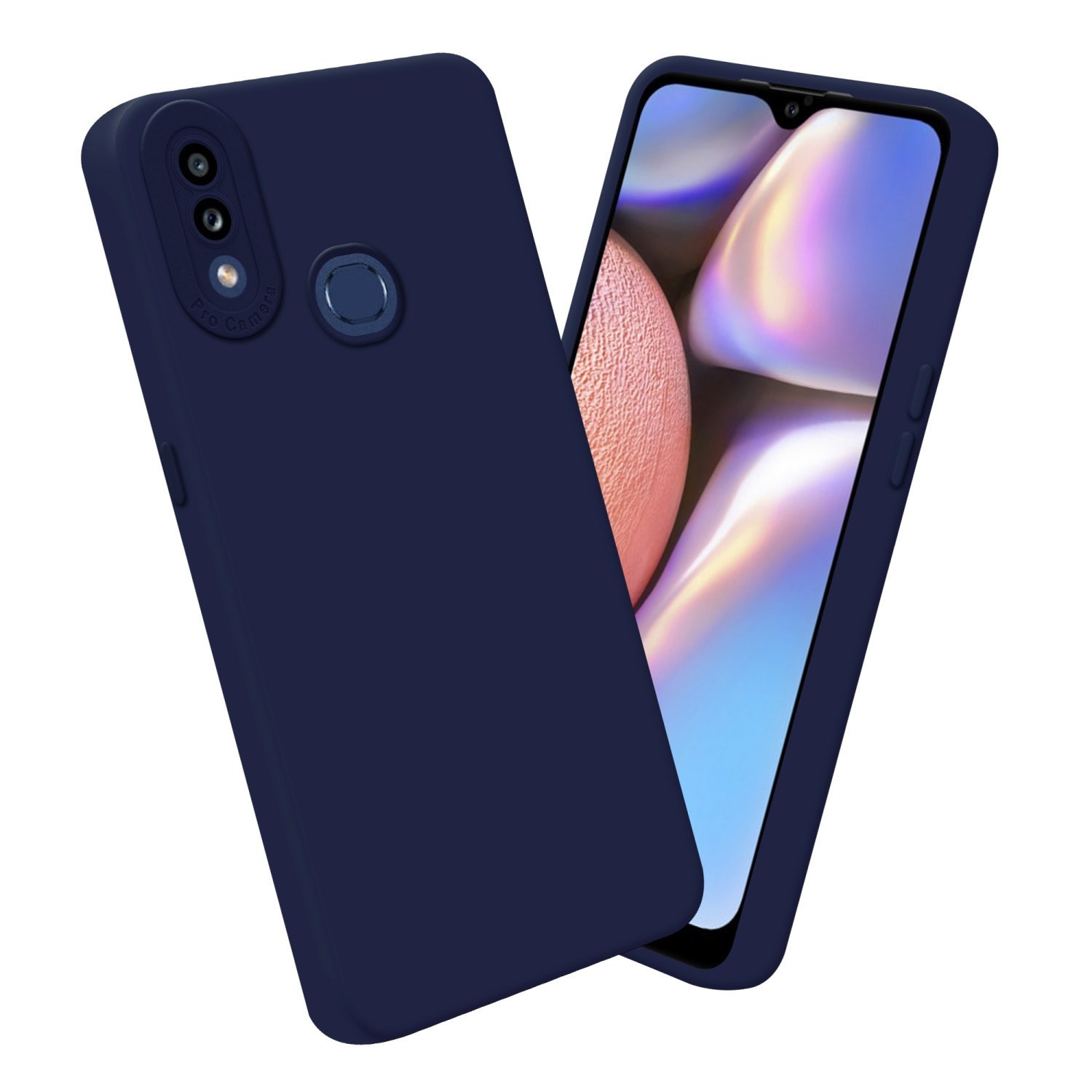 Una custodia blu navy con un telefono all'interno. Lo sfondo è bianco.