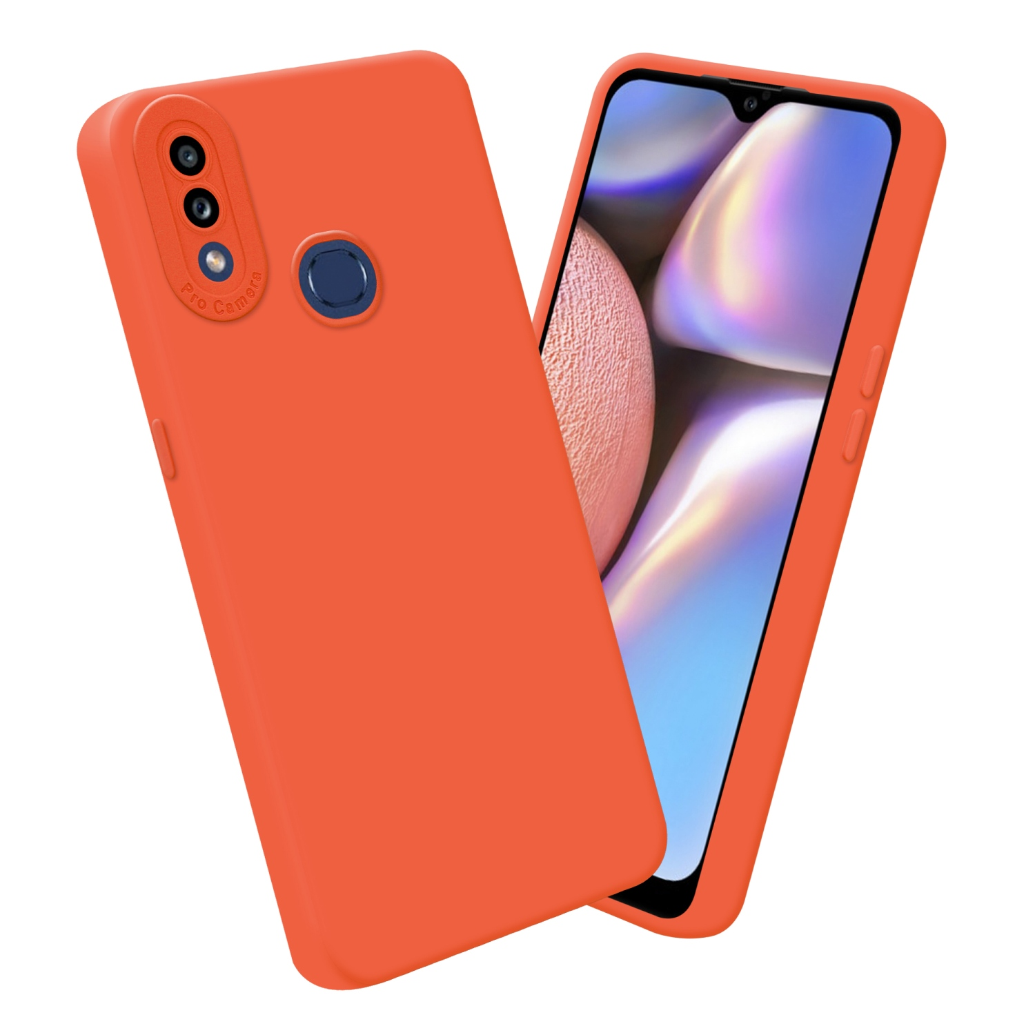 Custodia arancione accanto a un telefono con schermo luminoso.