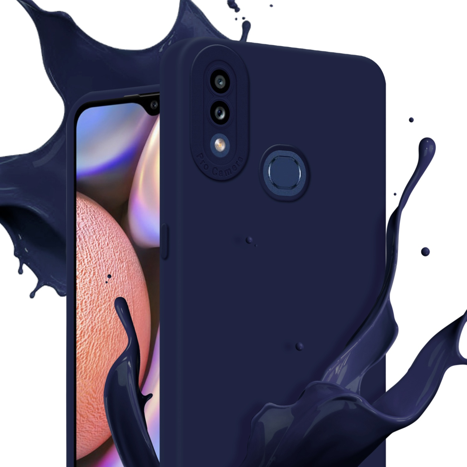 Custodia blu navy con ritagli per fotocamera. Spruzzi di vernice blu scuro sullo sfondo.